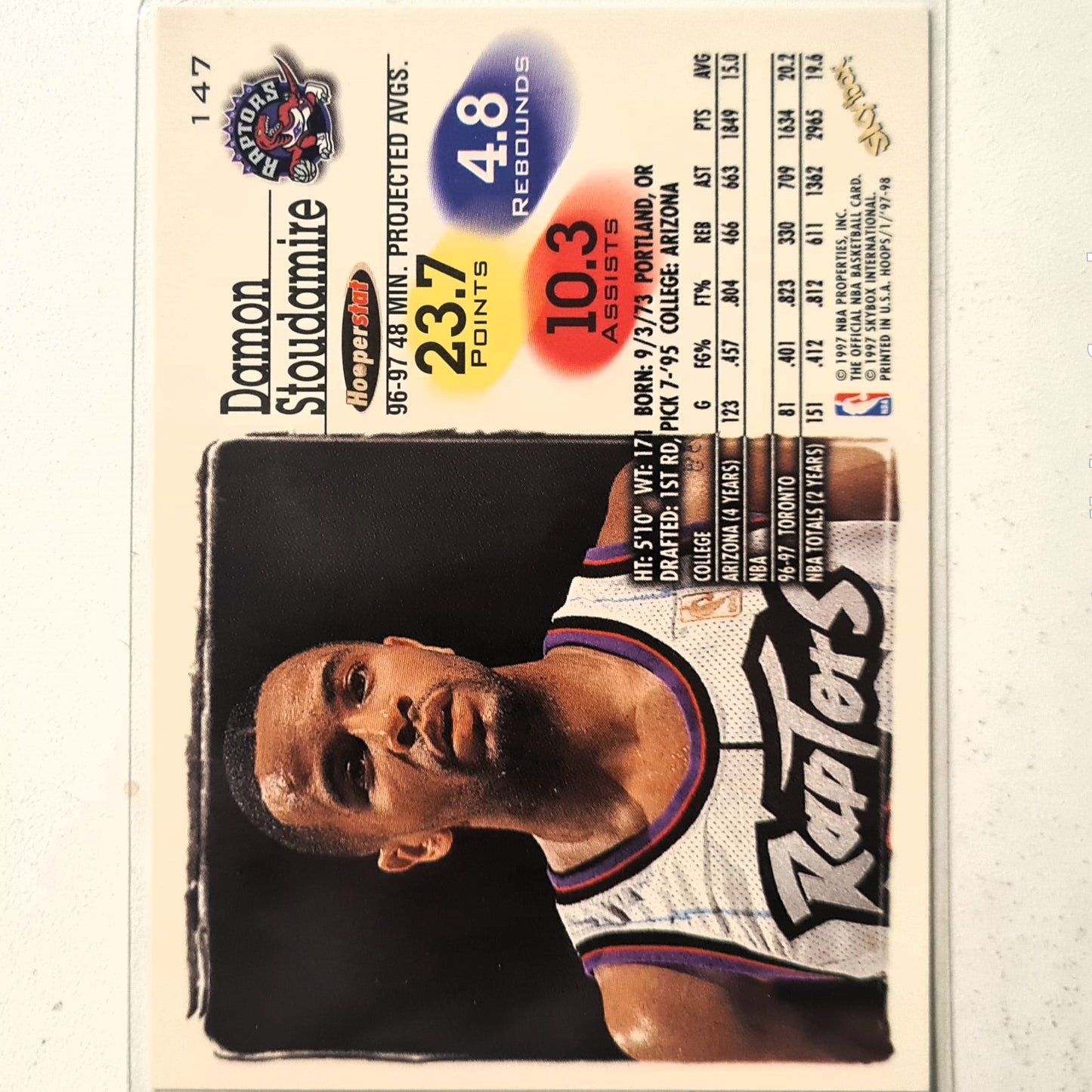 Damon Stoudamire 1997 Skybox NBA Hoops #147 NBA Basketball Toronto Raptors Excellent sleeved