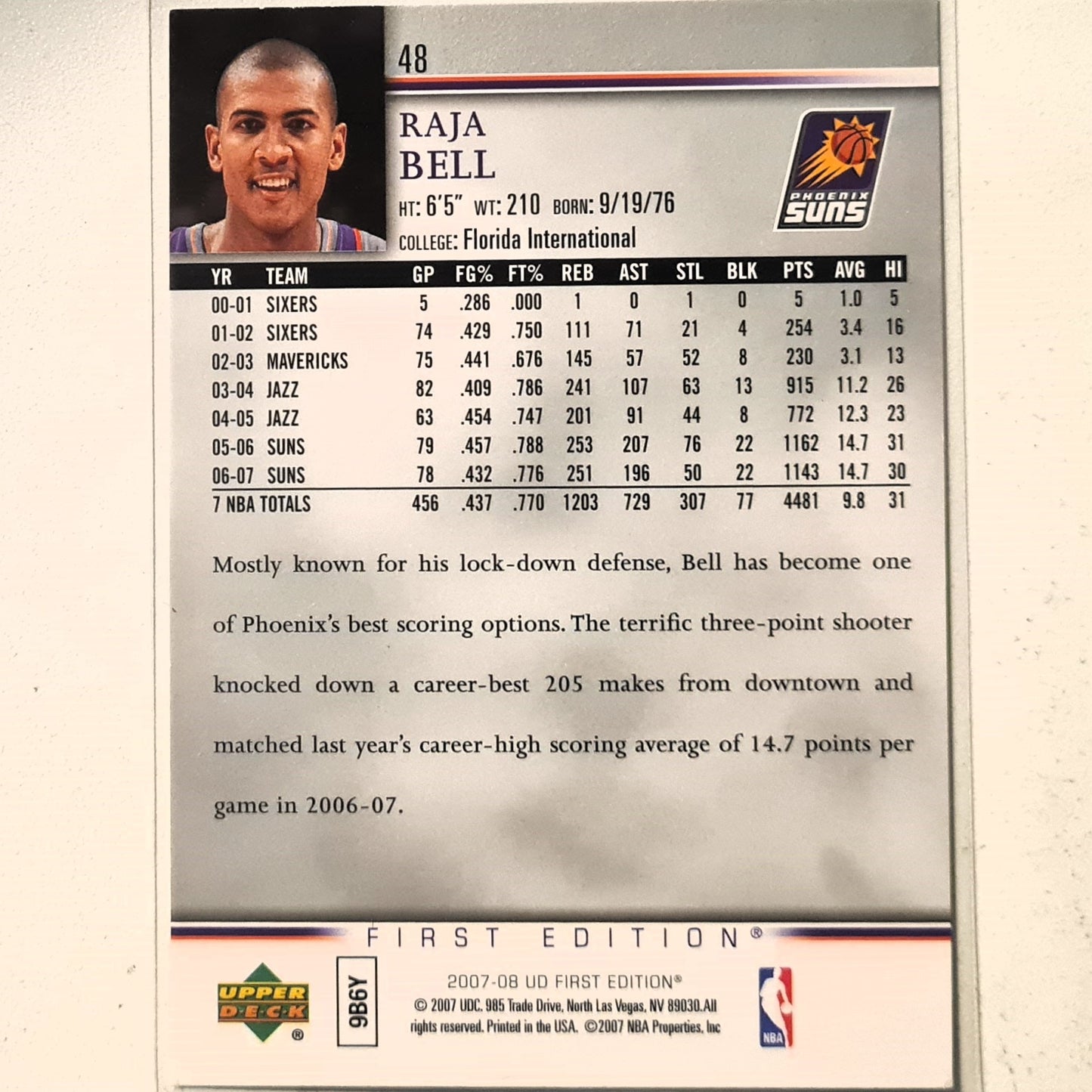 Raja Bell 2007-08 Upper-Deck First Edition #48 NBA Basketball Phoenix Suns Excellent sleeved