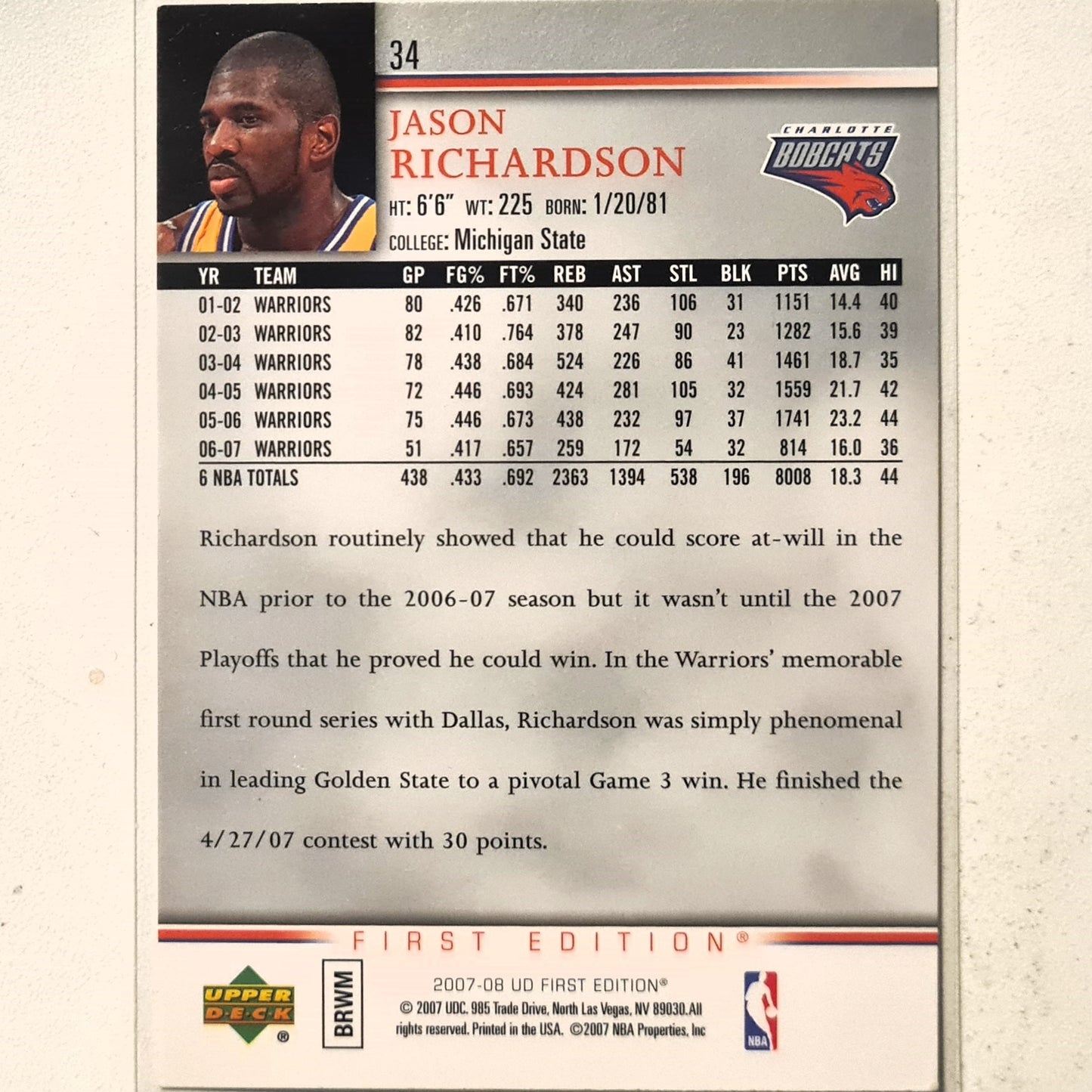 Jason Richardson 2007-08 Upper-Deck First Edition #34 NBA Basketball Golden State Warriors Excellent sleeved