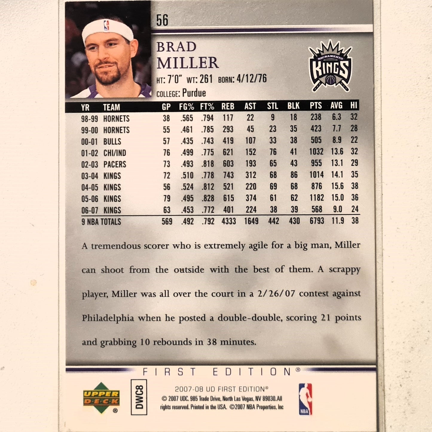 Brad Miller 2007-08 Upper-Deck First Edition #56 NBA Basketball Sacramento Kings Excellent sleeved