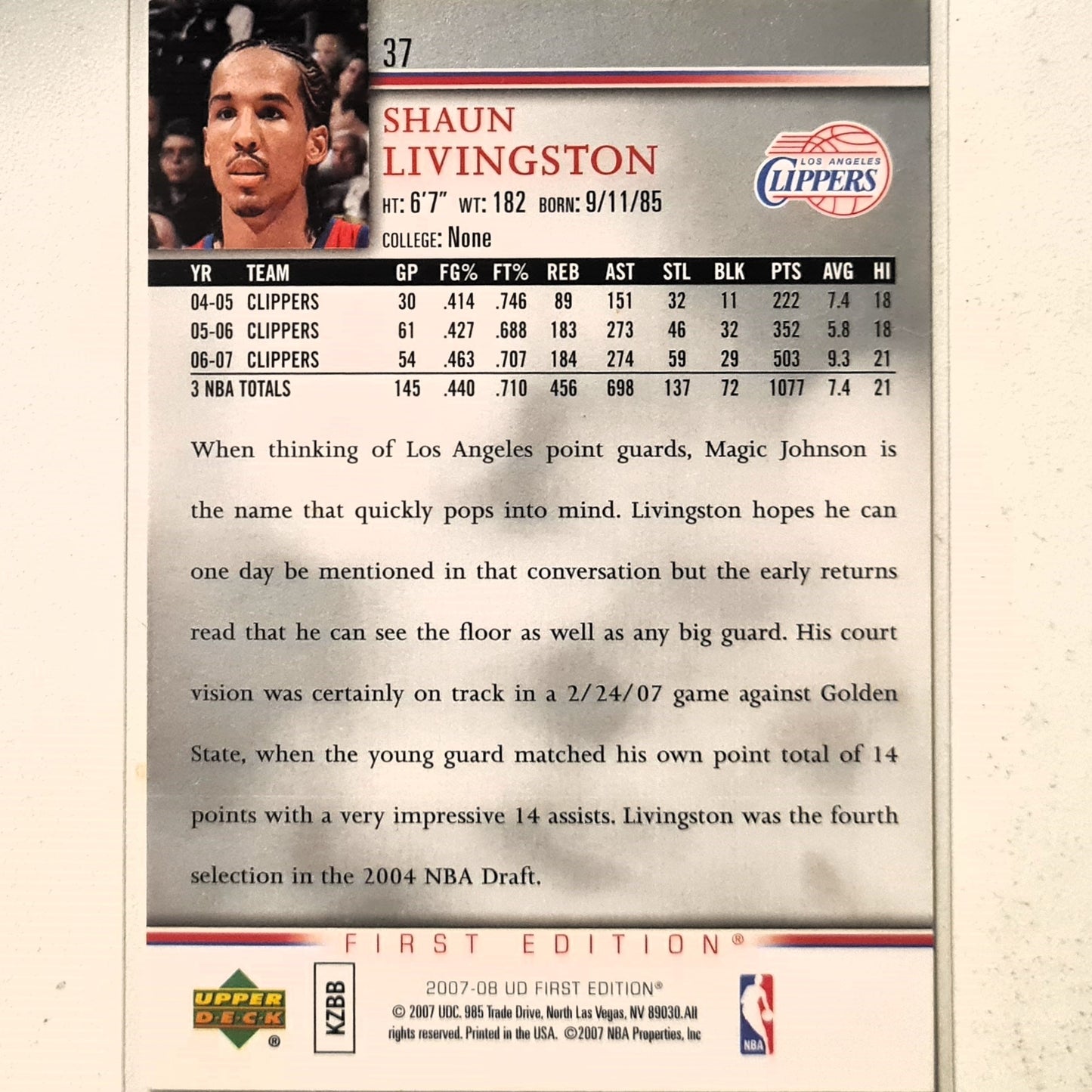 Shaun Livingston 2007-08 Upper-Deck First Edition #37 NBA Basketball LA Clippers Excellent sleeved