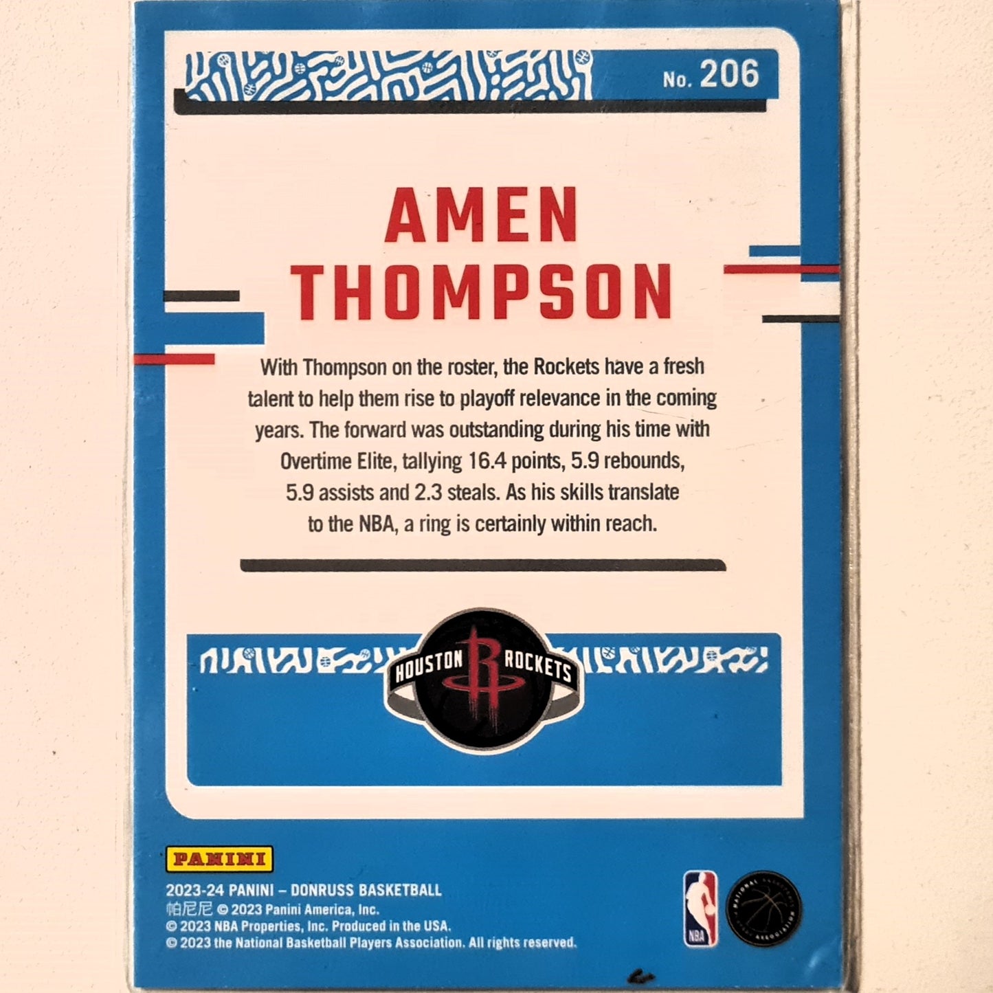 Amen Thompson 2023-24 Panini Donruss Rated Rookie RC #206 NBA Basketball Houston Rockets Excellent sleeved