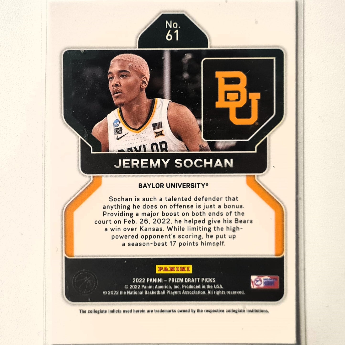 Jeremy Sochan 2022 Panini Prizm Draft picks Rookie RC #61 NBA Basketball Baylor Spurs Excellent sleeved