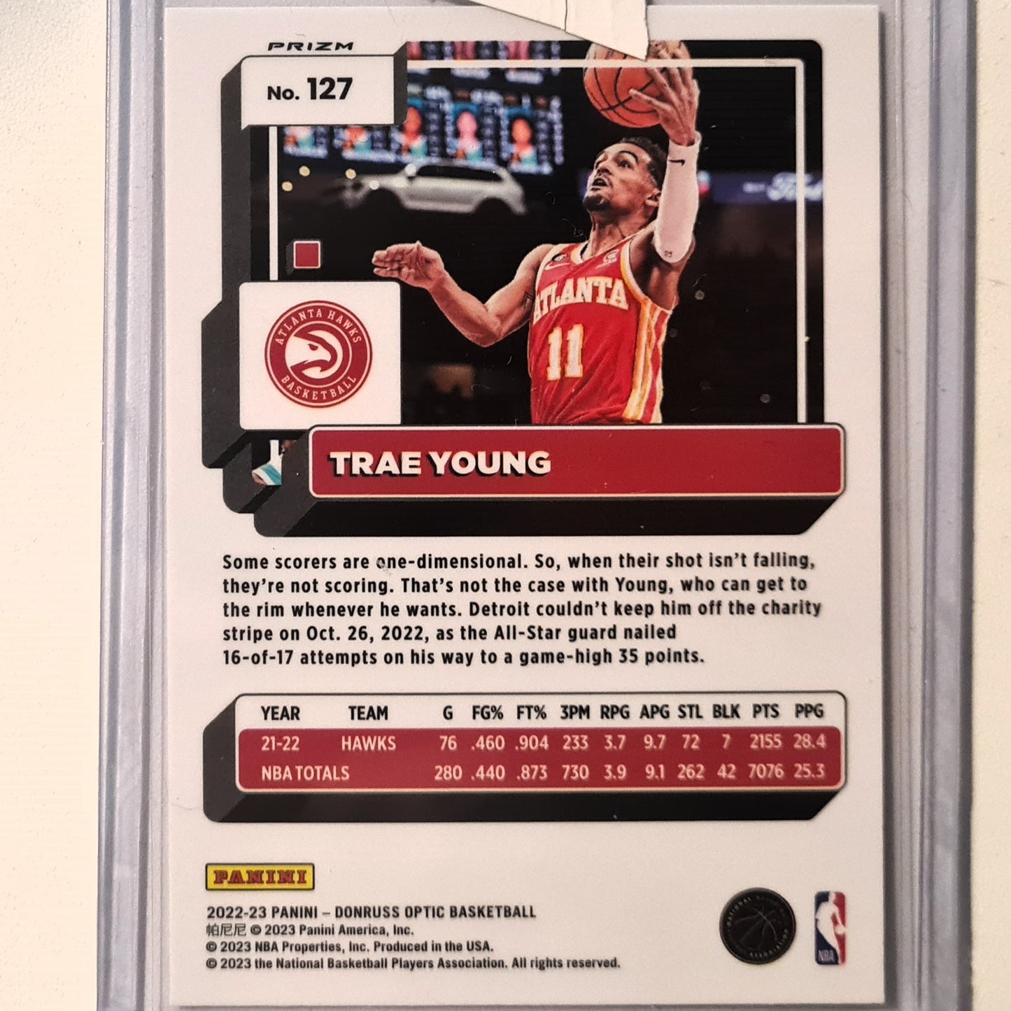 Trae Young 2022-23 Panini Donruss Optic Prizm refractor #127 NBA Basketball Atlanta Hawks Excellent sleeved