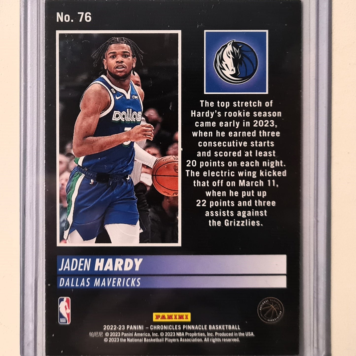 Jaden Hardy 2022-23 Panini chronicles pinnacle Rookie RC #76 NBA Basketball Dallas Mavericks good-very good sleeved