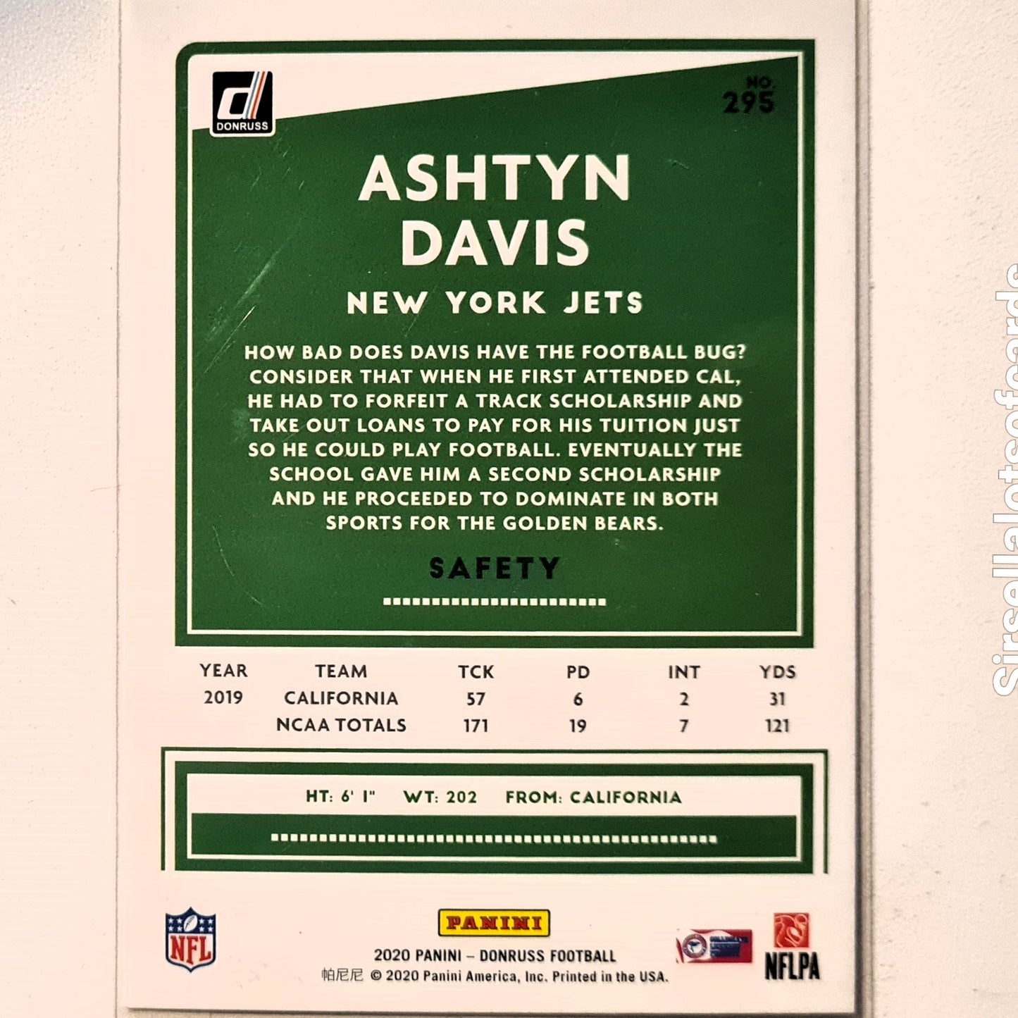 Ashtyn Davis 2020 Panini Donruss NFL Rookie RC #295 American Football New York Jets Excellent sleeved