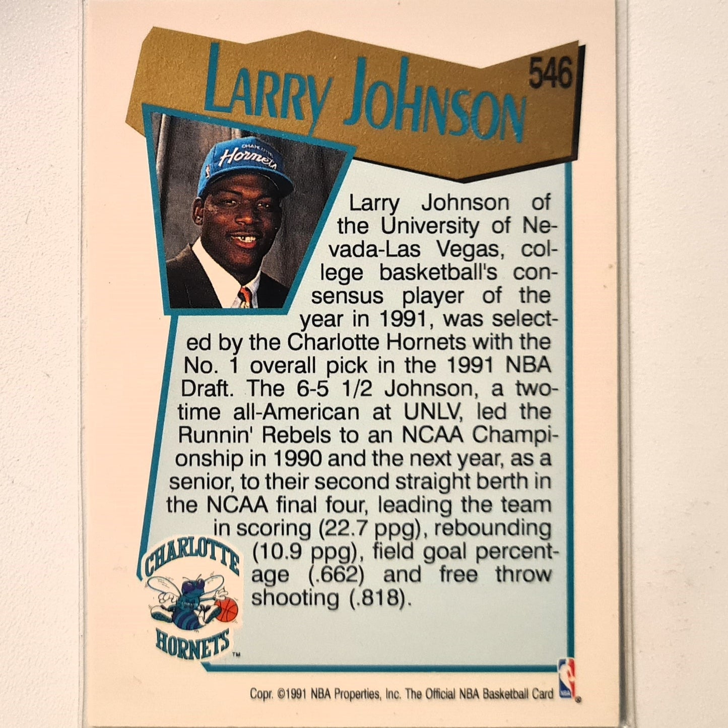 Larry Johnson 1991 NBA Hoops #1 Draft Pick Rookie RC #546 NBA Basketball Charlotte Hornets Excellent sleeved