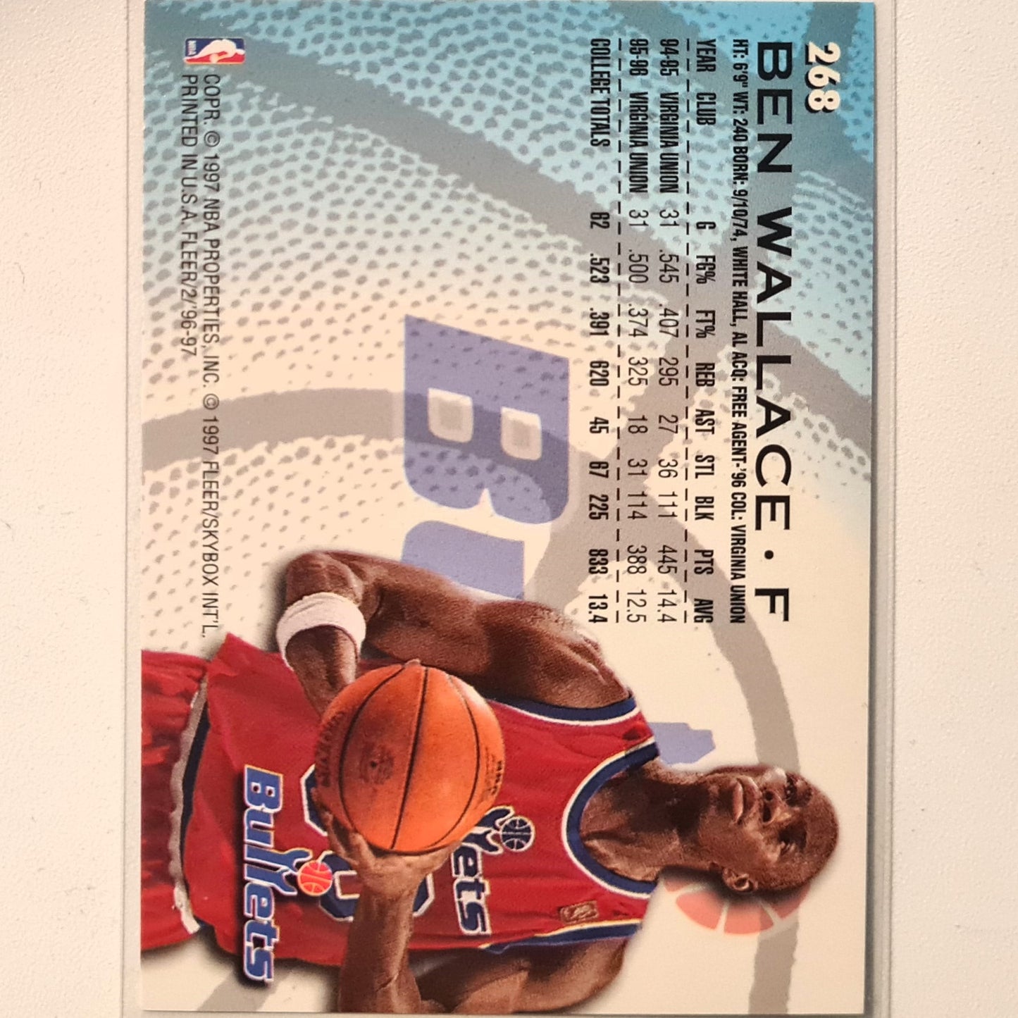 Ben Wallace 1997 Fleer 96-97 Rookie RC #268 NBA Basketball Washington bullets excellent sleeved