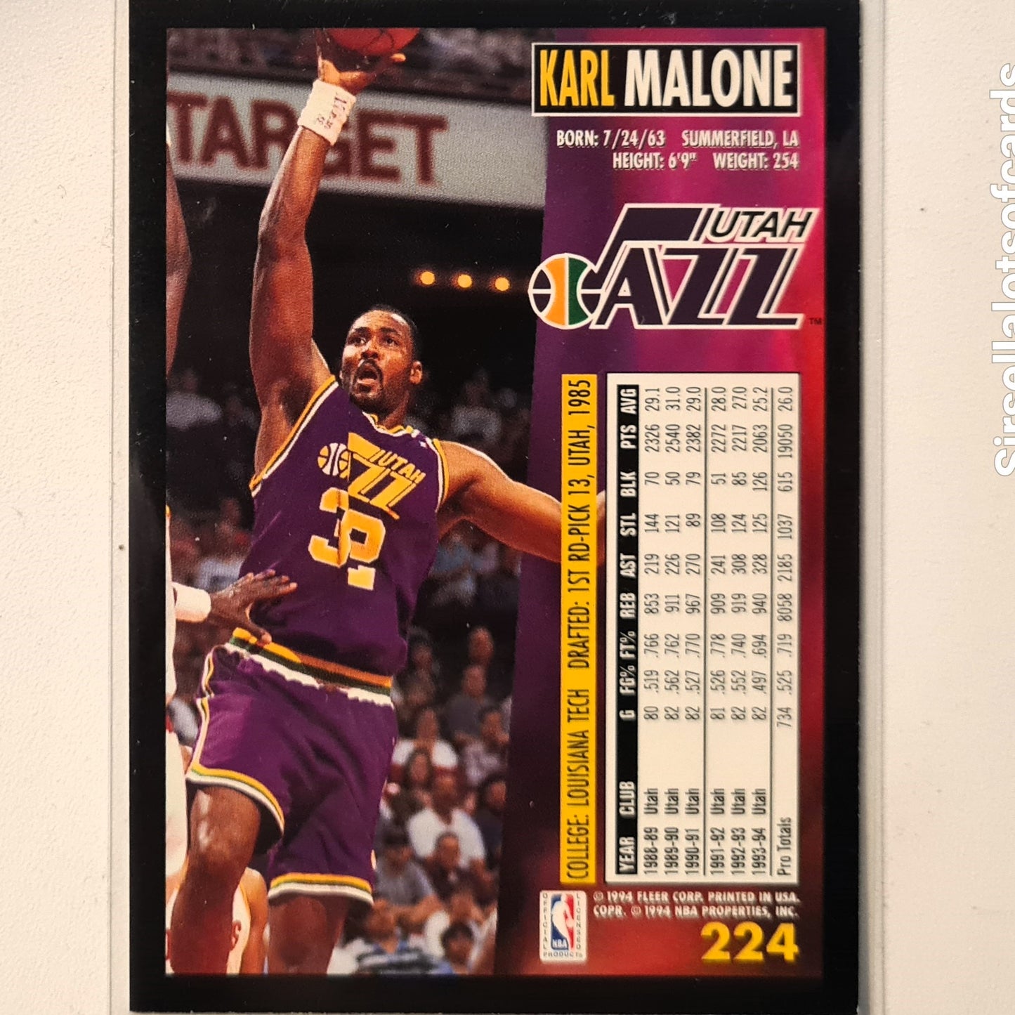 Karl Malone 1994 Fleer 94-95 #224 NBA Basketball Utah Jazz Excellent sleeved