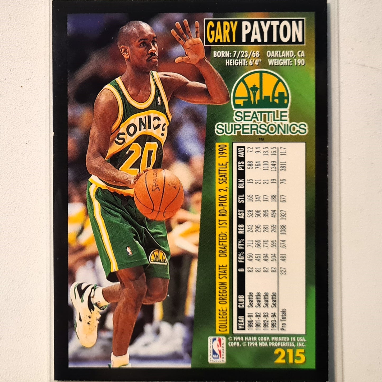 Gary Payton 1994 Fleer 94-95 Gold issue #215 NBA Basketball Seattle Super Sonics Excellent sleeved