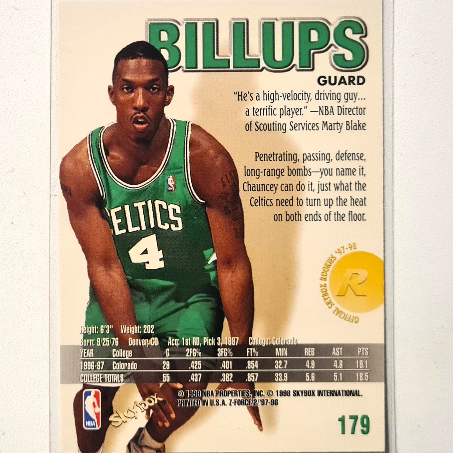 Chauncey Billups 1998 Skybox Z-Force Rookie RC #179 NBA Basketball Boston Celtics Excellent sleeved