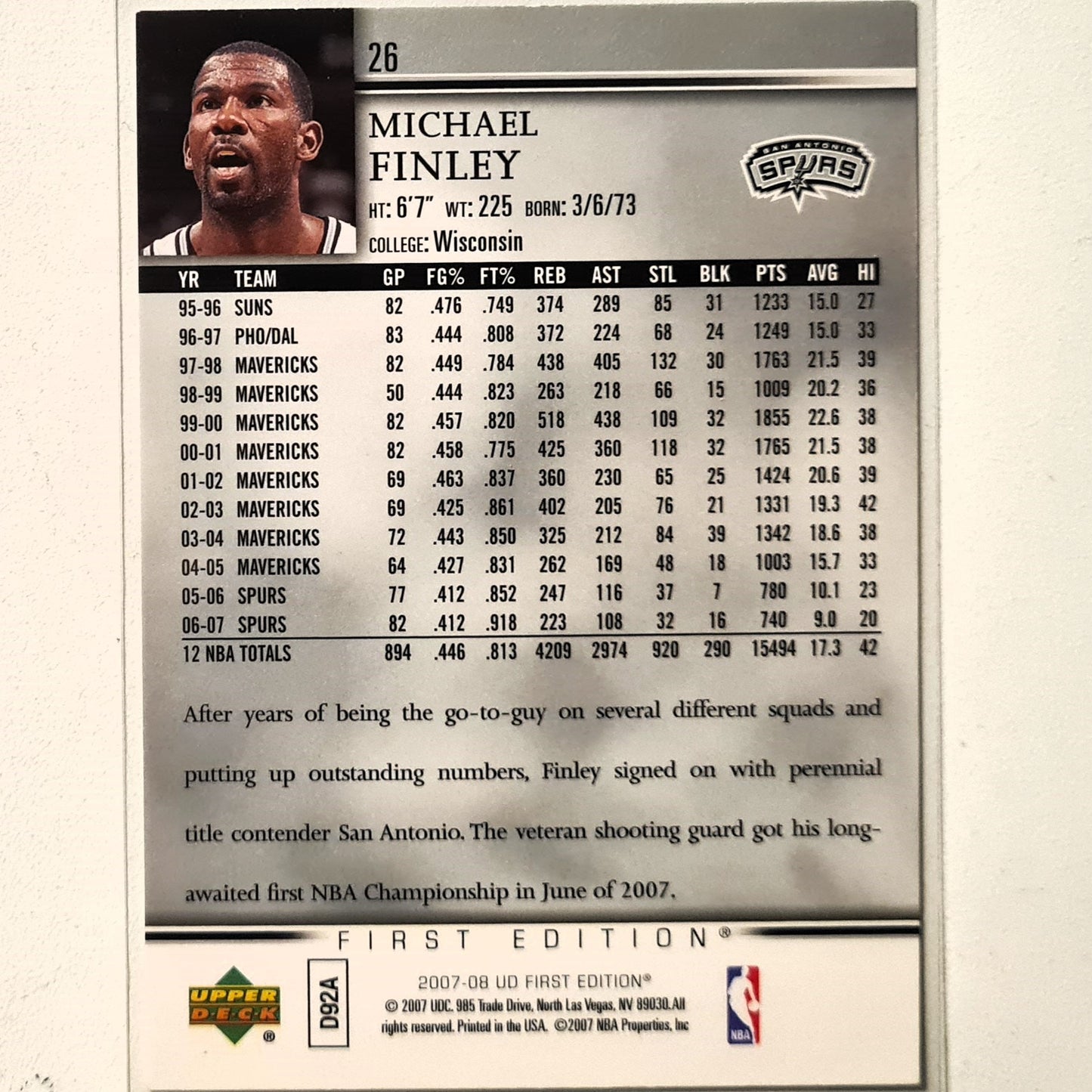 Michael Finley 2007-08 Upper-Deck First Edition #26 NBA Basketball San Antonio Spurs Excellent sleeved