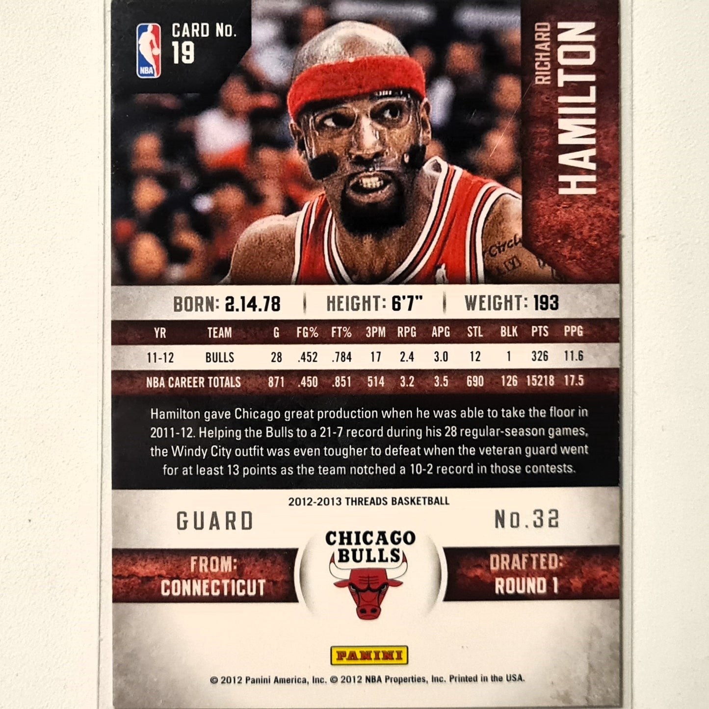 Richard Hamilton 2012-13 Panini Threads #19 NBA Basketball Chicago Bulls very good/Excellent sleeved