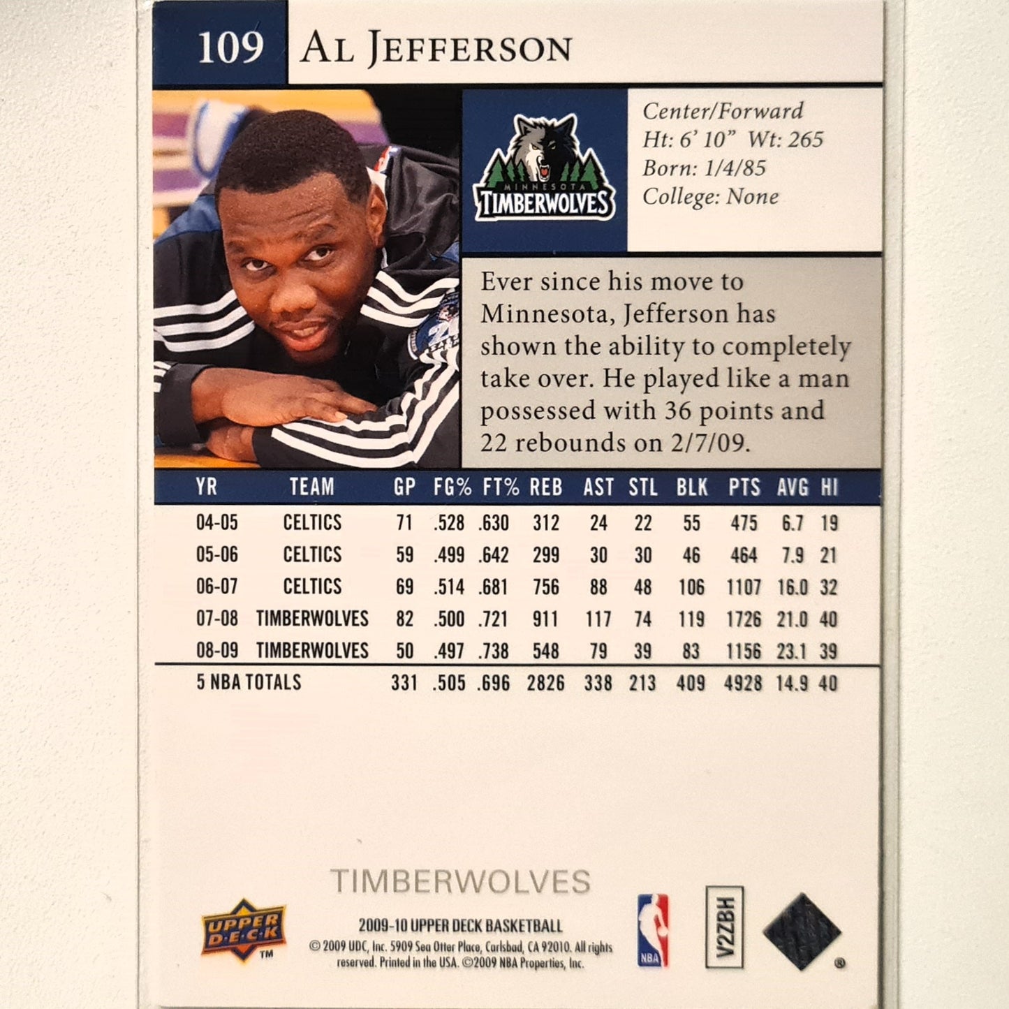 Al Jefferson 2009-10 Upper-Deck #109 NBA Basketball Al Jefferson good-very good sleeved