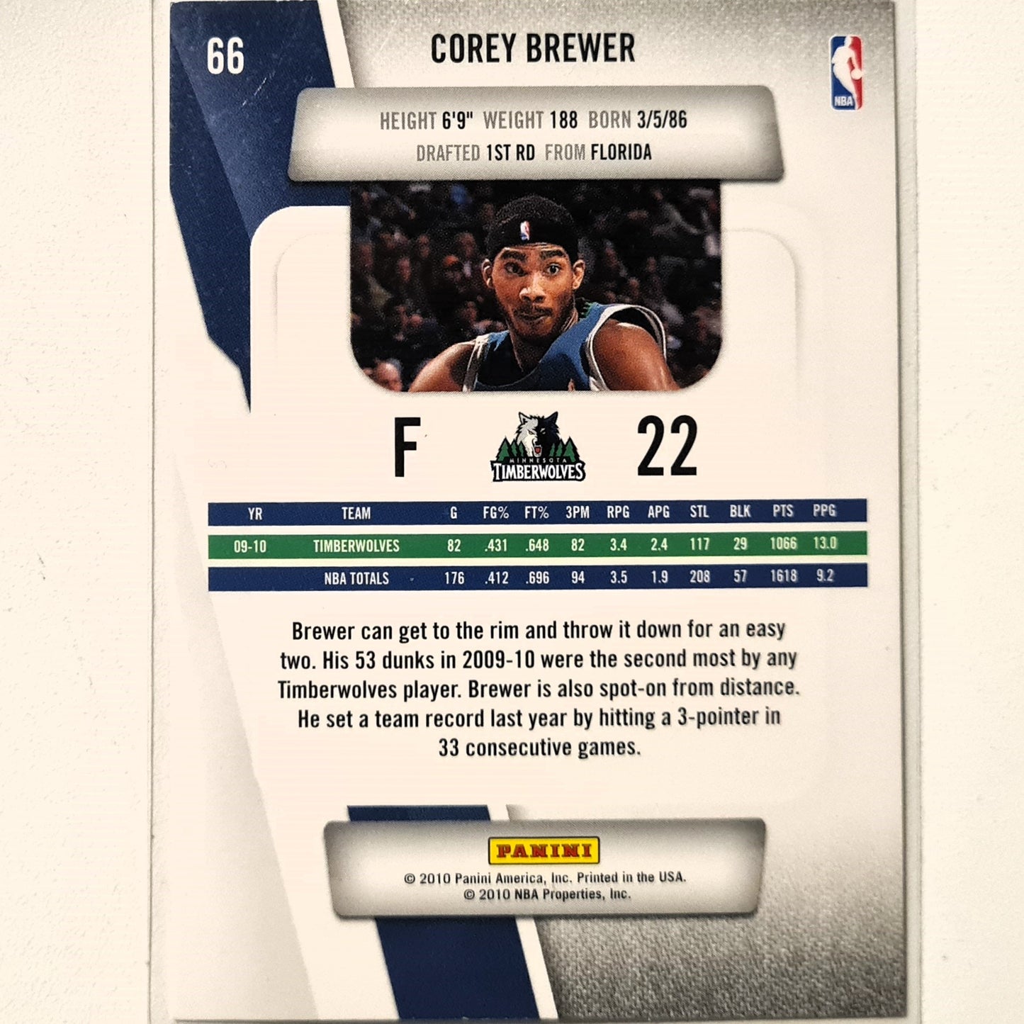 Corey Brewer 2010-11 Panini Prestige #66 NBA Basketball Minnesota Timberwolves Excellent sleeved