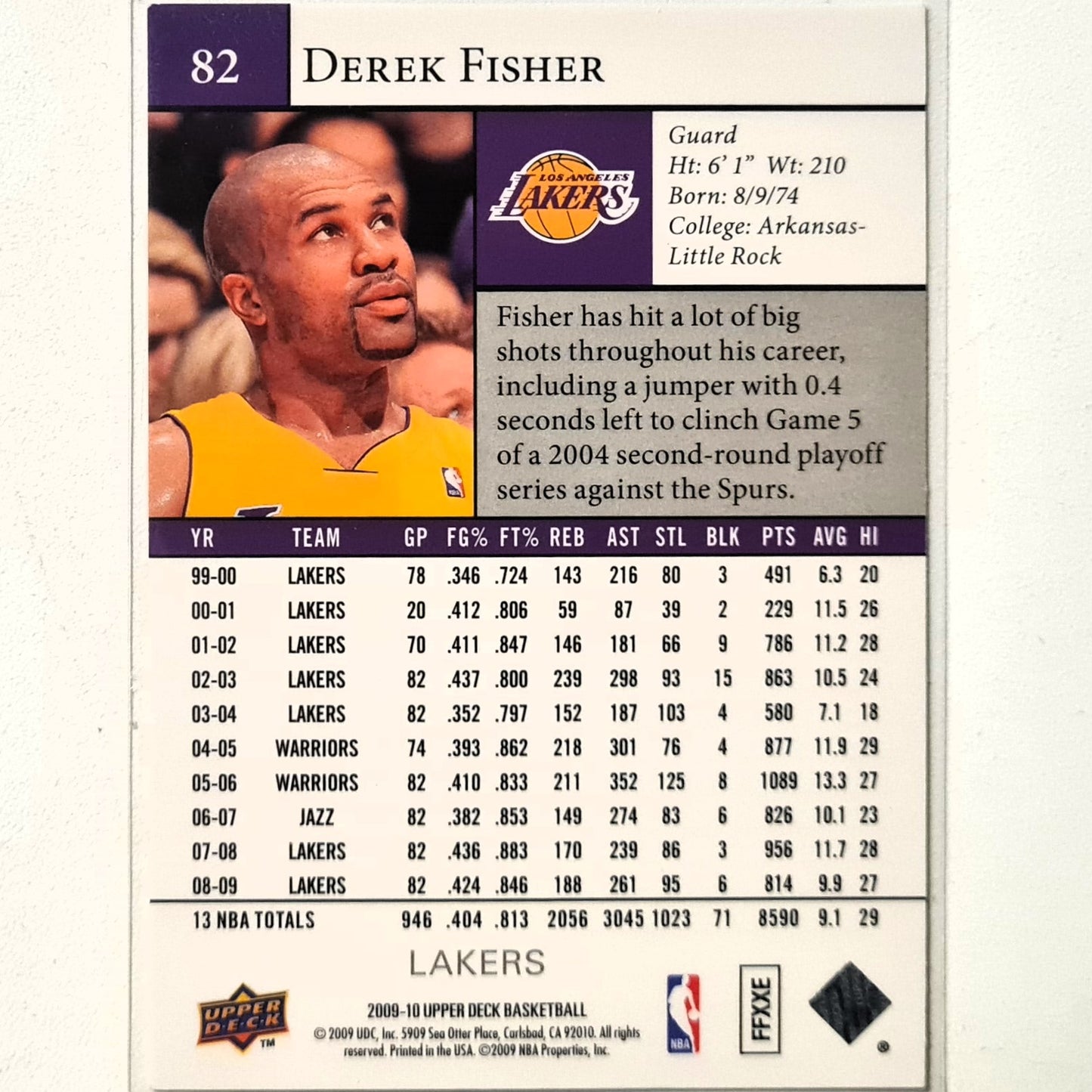 Derick Fisher 2009-10  Upper-Deck #82 NBA Basketball LA Lakers good sleeved