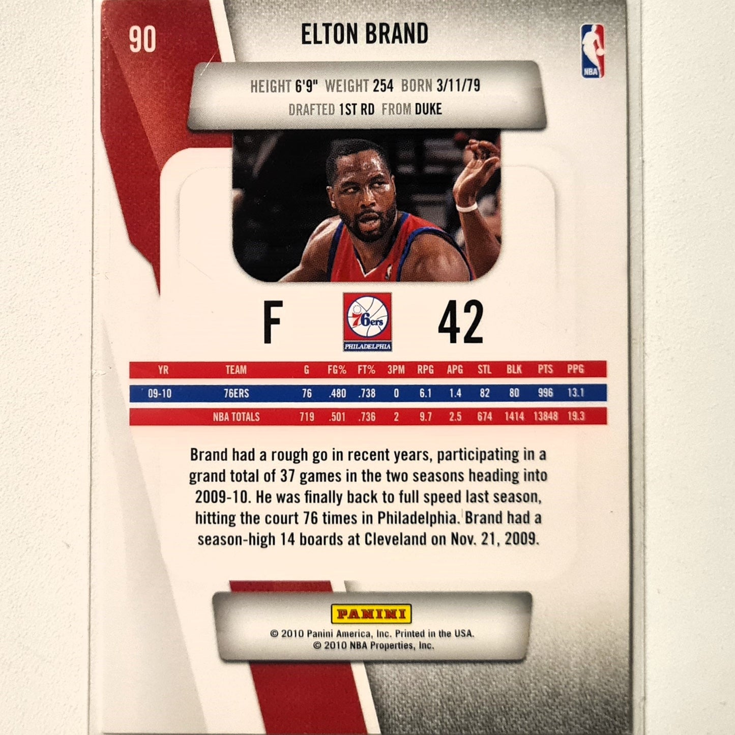 Elton Brand 2010-11 Panini Prestige #90 NBA Basketball Philadelphia 76ers Excellent sleeved