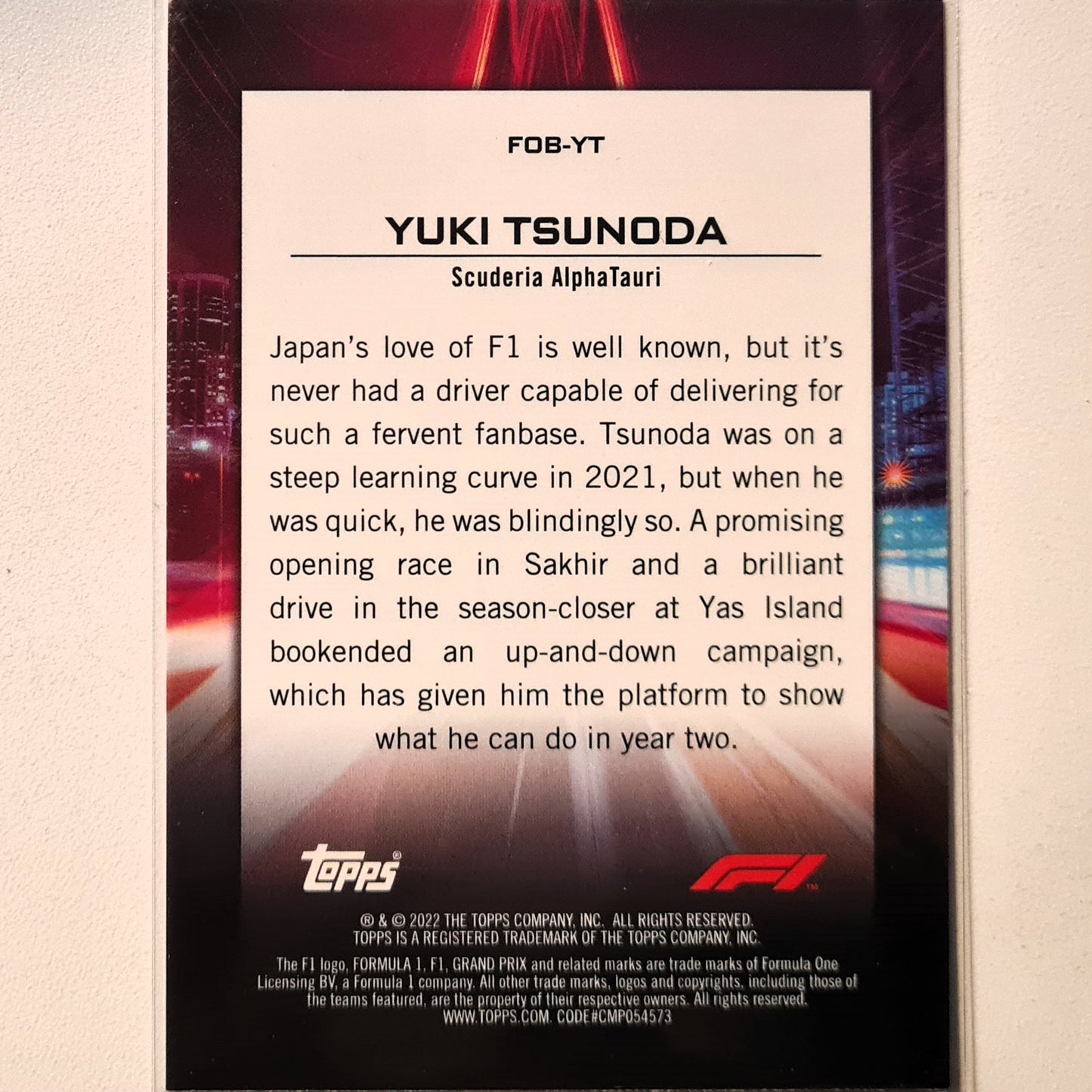 Yuki Tsunoda 2022 Topps F1 Flash of brilliance insert FOB-YT F1 Formula one Scuderia Alphatauri Excellent/mint sleeved