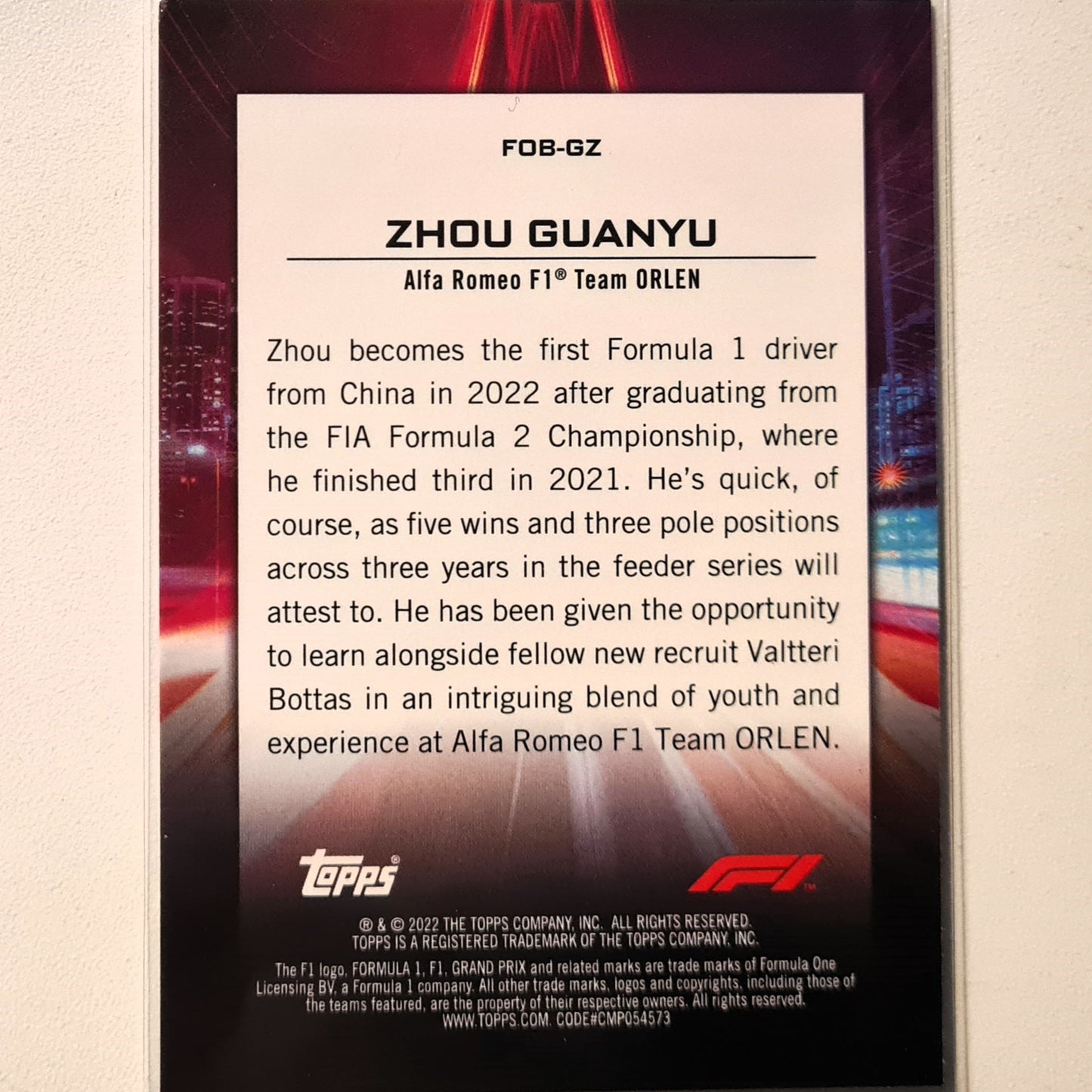 Zhou Guanyu 2022 Topps F1 Flash of brilliance insert Rookie RC FOB-GZ F1 Formula one Alfa Romeo F1 good/very good sleeved