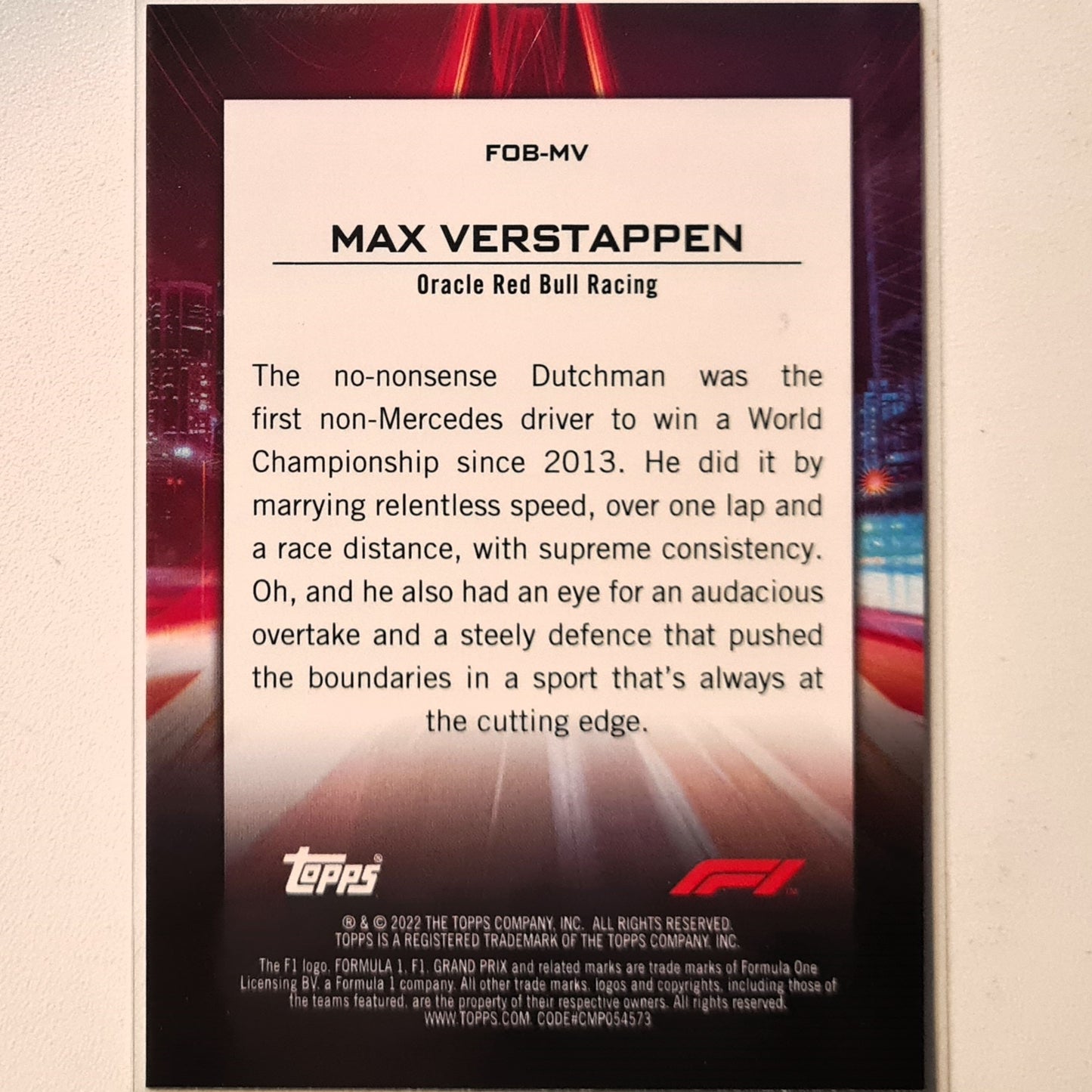 Max Verstappen 2022 Topps F1 Flash of brilliance insert FOB-MV F1 Formula one Oracle Red Bull Racing Excellent/mint sleeved