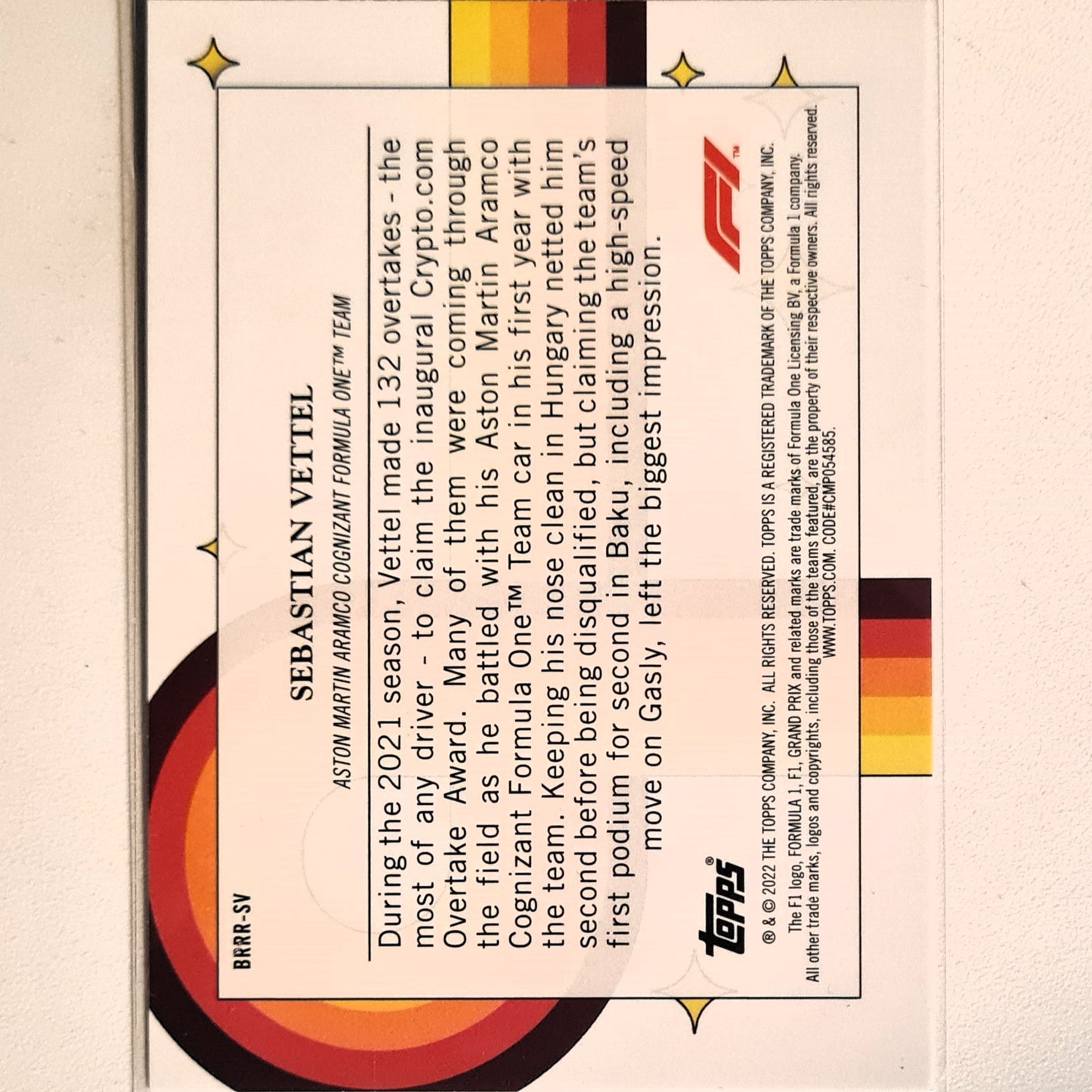 Sebastian Vettel 2022 Topps F1 Bounce rock race roll Insert BRRR-SV F1 Formula one Aston Martin Excellent/mint sleeved