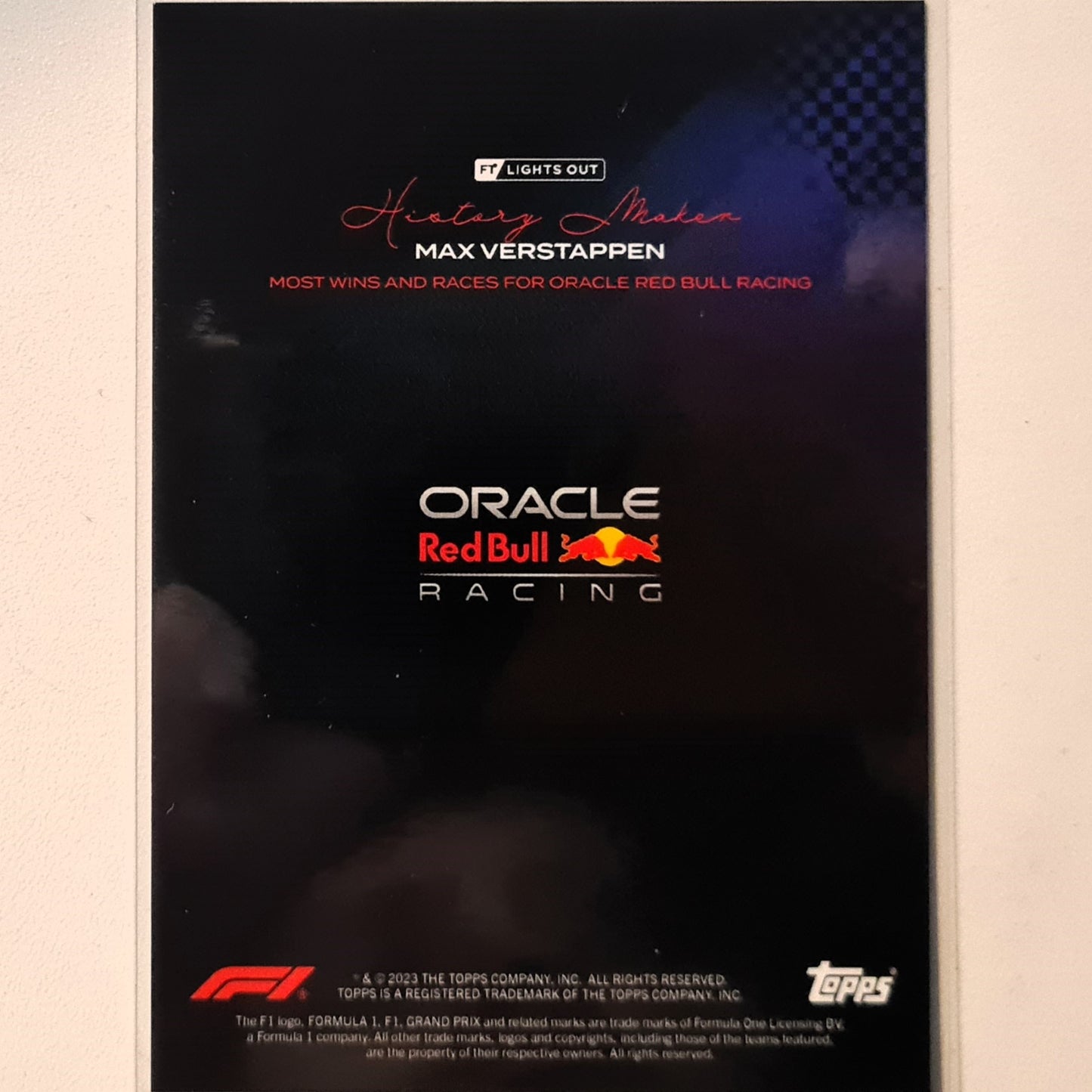 Max Verstappen 2023 Topps F1 lights out History Maker F1 Formula one Red Bull Racing Excellent/mint sleeved
