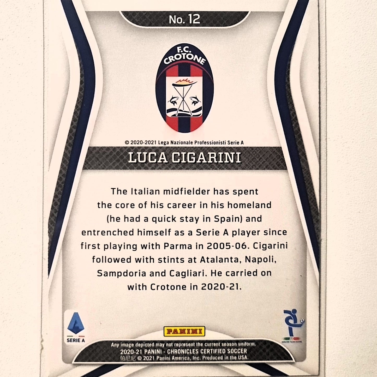 Luca Cigarini 2020-21 Panini chronicles Certified La Liga #12 Soccer Football FC Crotone Excellent/mint sleeved