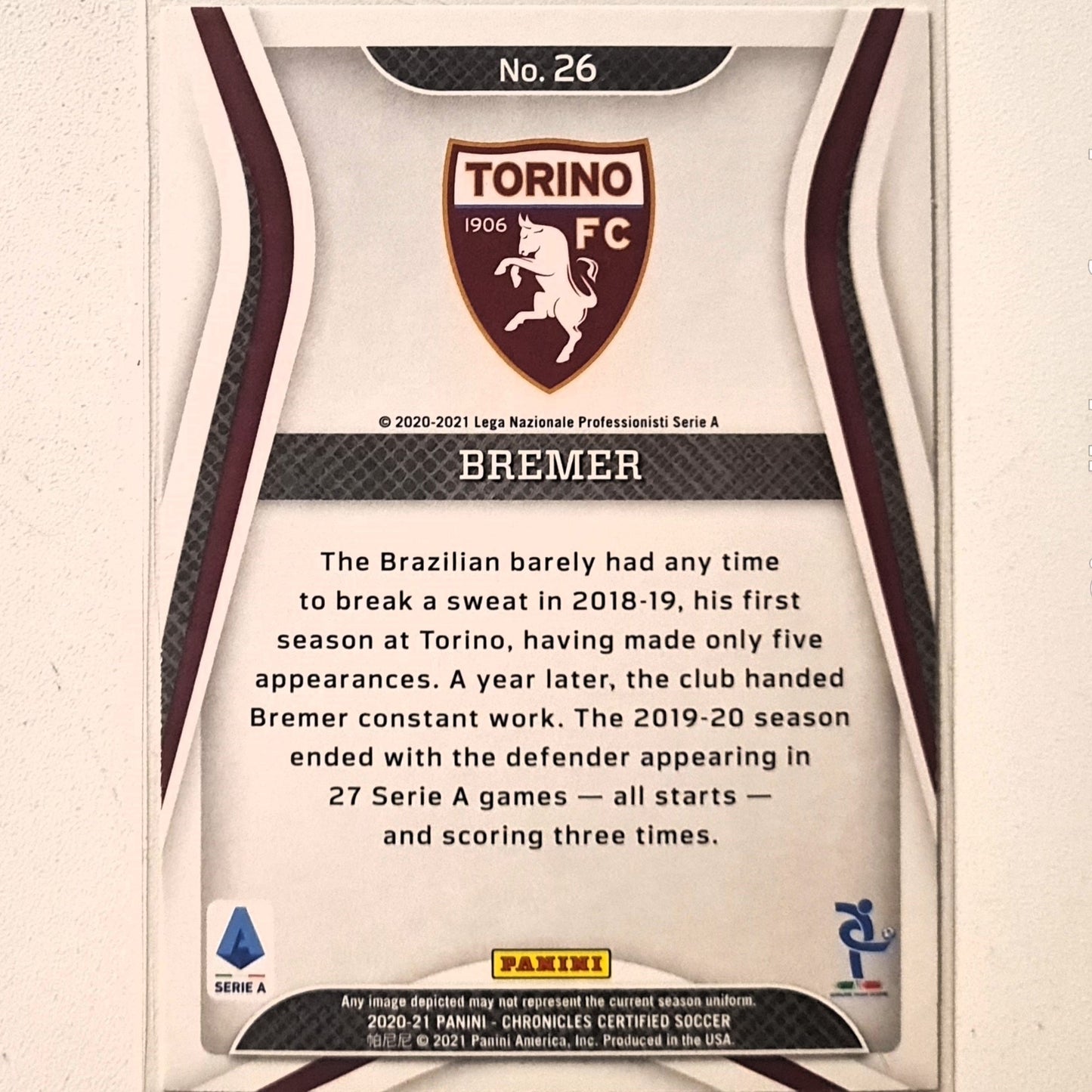 Bremer 2020-21 Panini chronicles Certified Serie A #26 Soccer Football Torino FC Excellent/mint sleeved