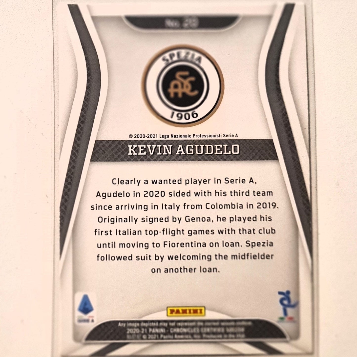 Kevin Agudelo 2020-21 Panini chronicles Certified Serie A Rookie RC #20 Soccer Football Spezia Calcio Excellent/mint sleeved