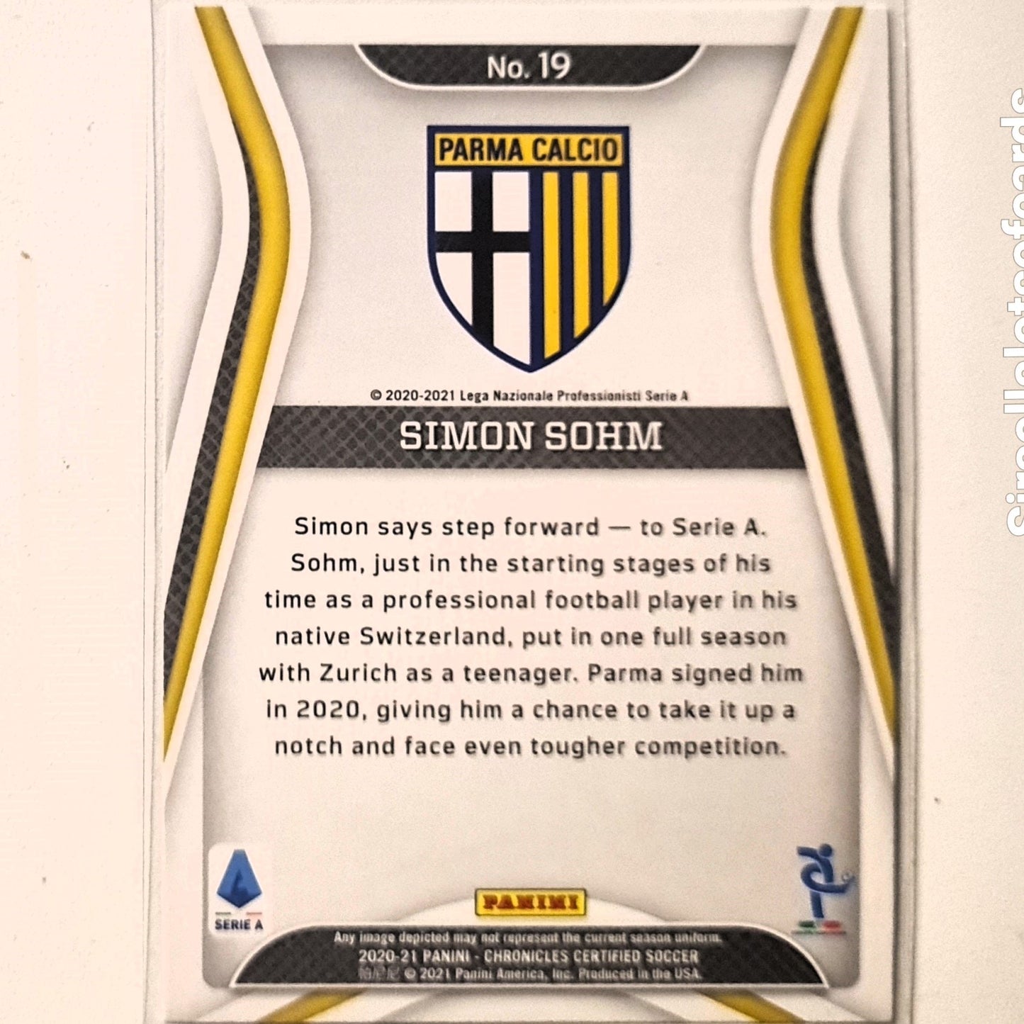 Simon Sohm 2020-21 Panini chronicles Certified Serie A #19 Soccer Football Parma Excellent/mint sleeved