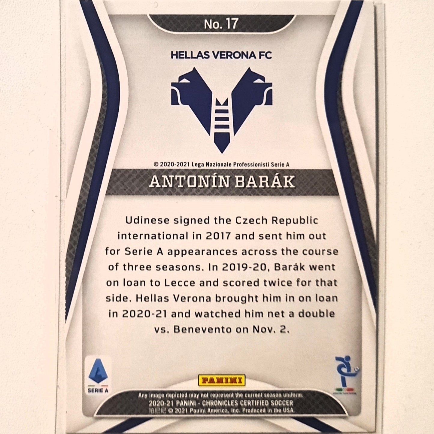 Antonin Barak 2020-21 Panini chronicles Certified Serie A Rookie RC #17 Soccer Football Verona Excellent/mint sleeved