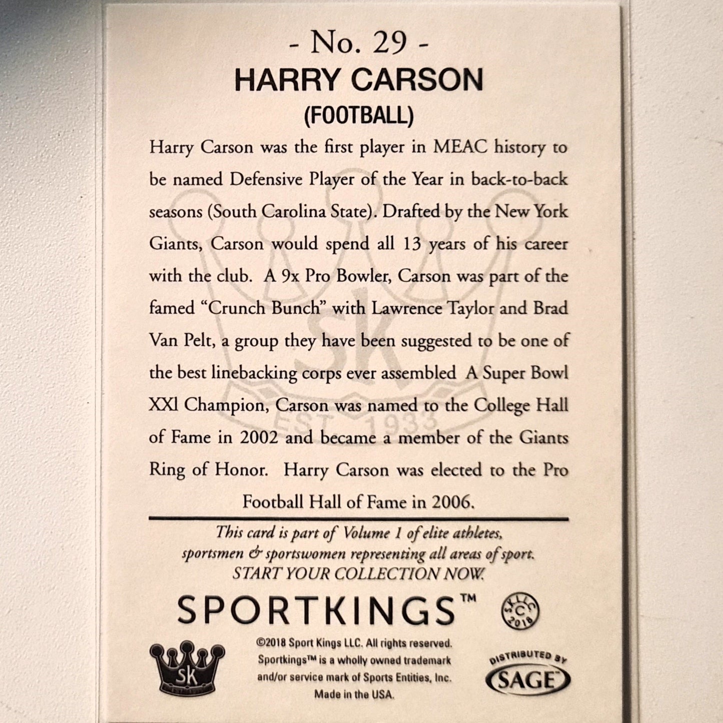 Harry Carson 2018 Sportkings Sport Kings Gum #29 NFL American Football New York Giants Excellent/mint Sleeved