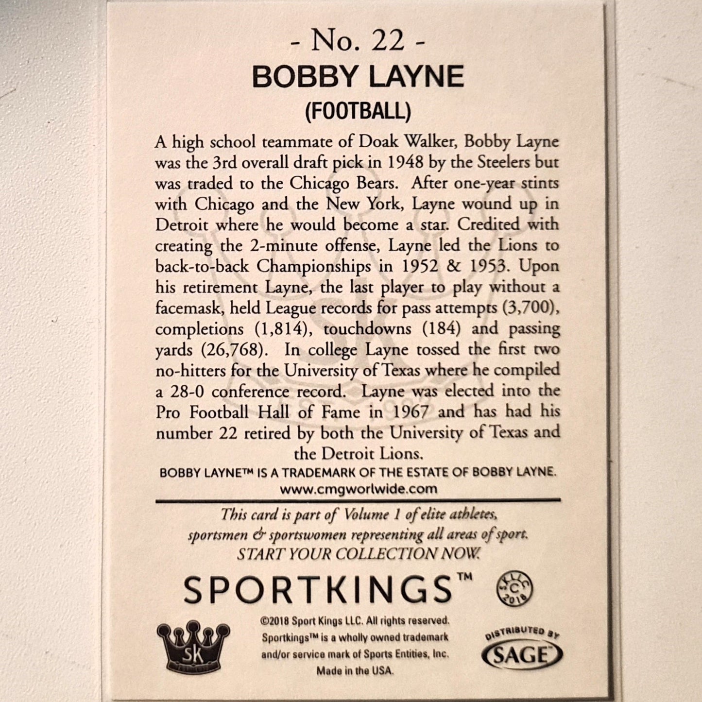 Bobby Layne 2018 Sportkings Sport Kings Gum #22 NFL American Football Chicago Bears Excellent/mint Sleeved