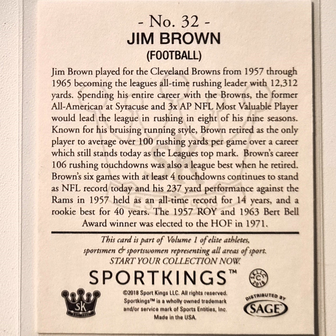 Jim Brown 2018 Sportkings Sport Kings Gum #32 NFL American Football Cleveland Browns Excellent/mint Sleeved