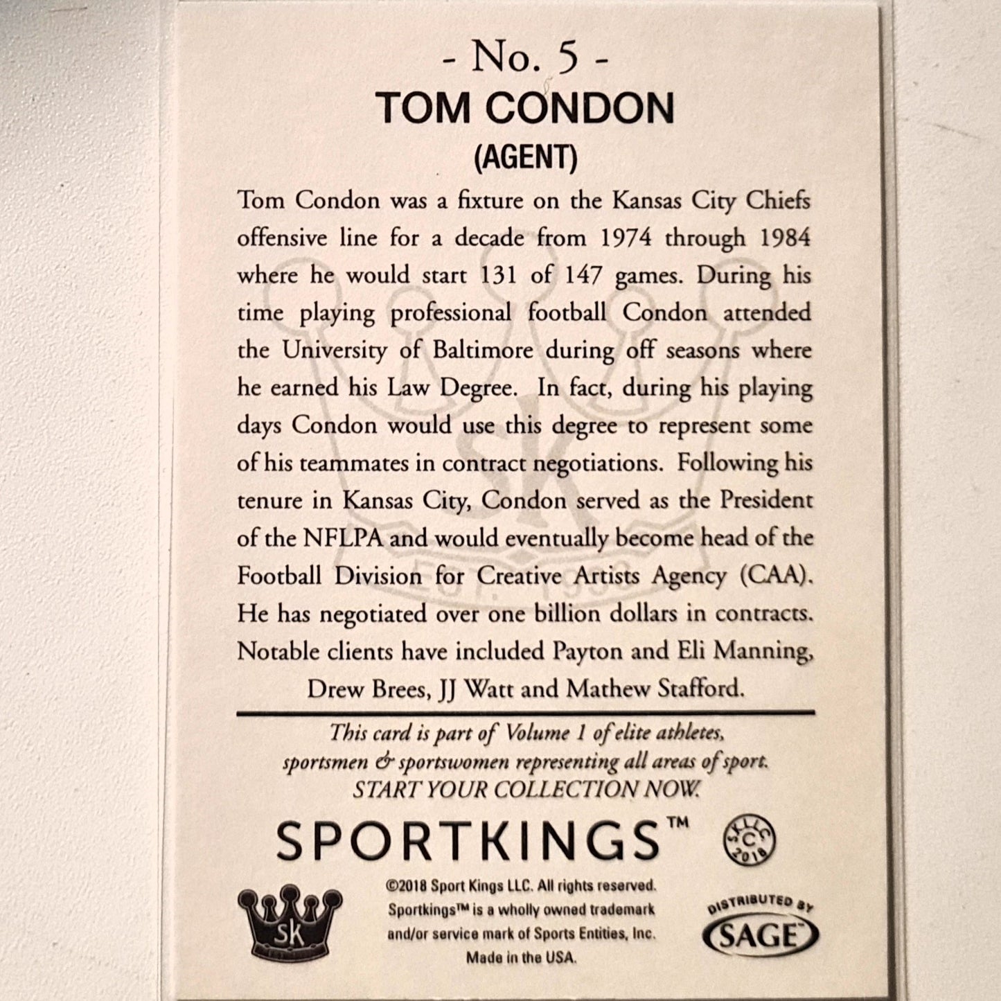 Tom Condon 2018 Sportkings Sport Kings Gum #5 NFL American Football Excellent/mint Sleeved