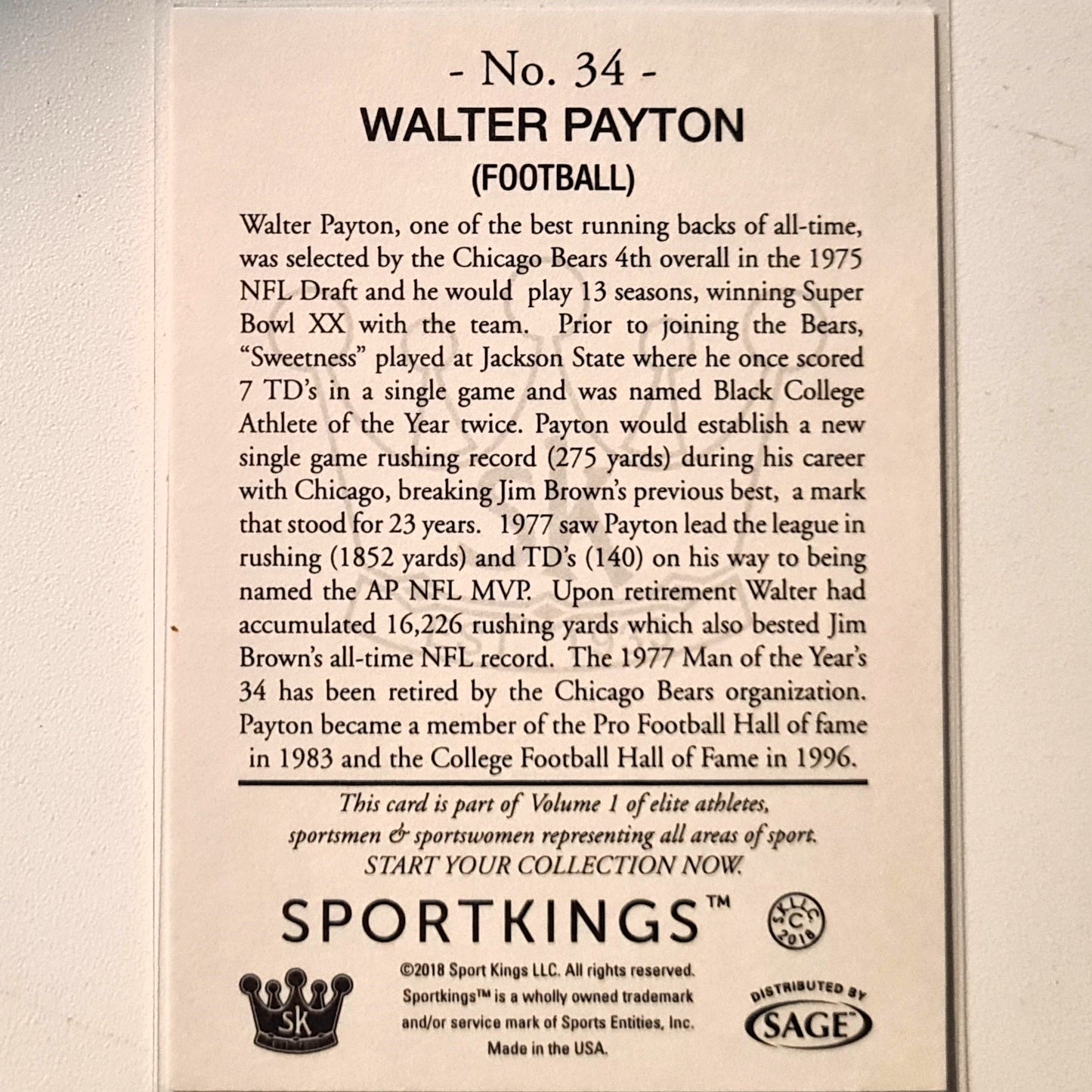 Walter Payton 2018 Sportkings Sport Kings Gum #34 NFL American Football Chicago Bears Excellent/mint Sleeved