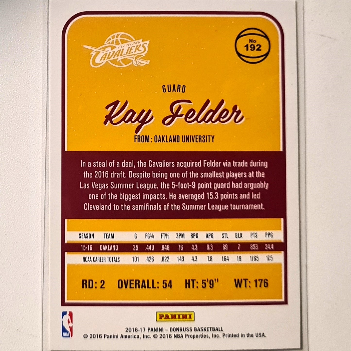 Kay Felder 2016-17 Panini Donruss Rookie RC #192 NBA Basketball Cleveland Cavaliers Excellent Sleeved