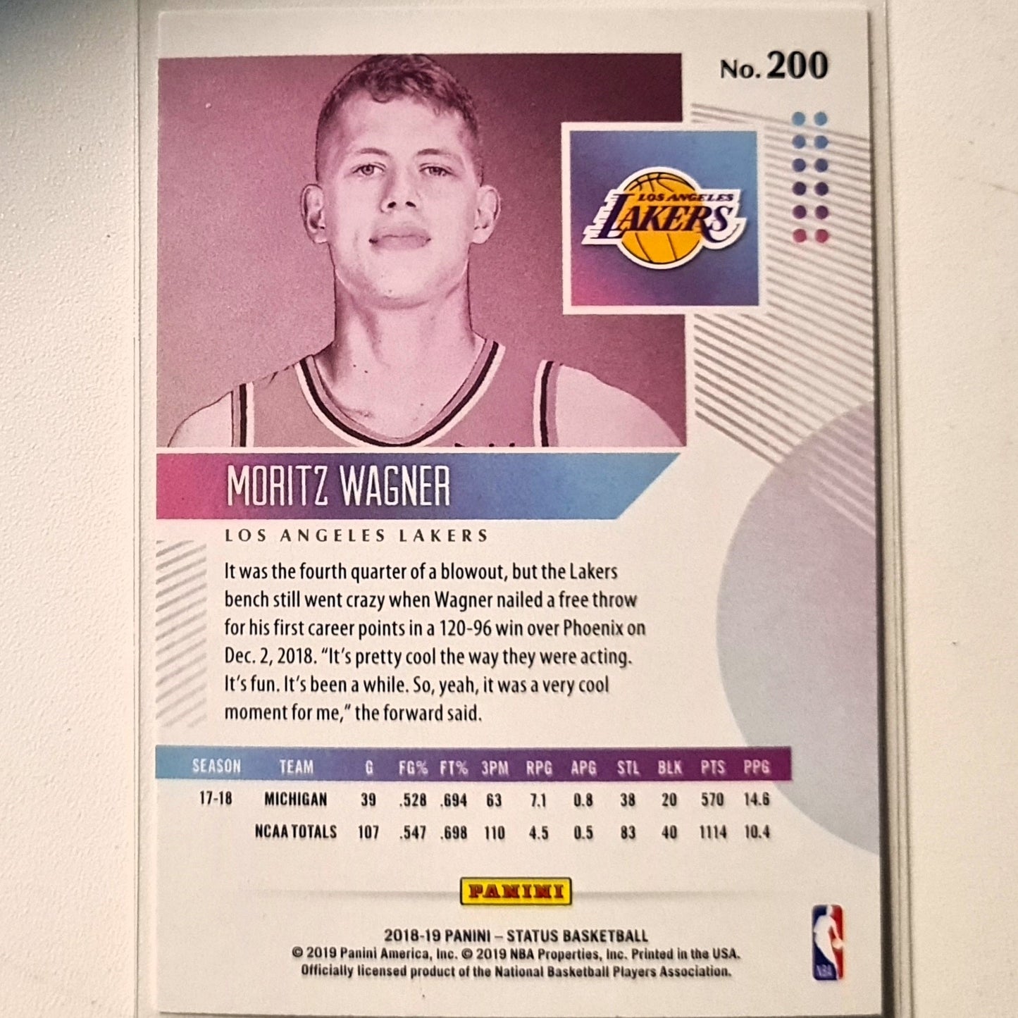 Moritz Wagner 2018-19 Panini NBA Status Rookie RC #84 NBA Basketball LA Lakers Excellent Sleeved
