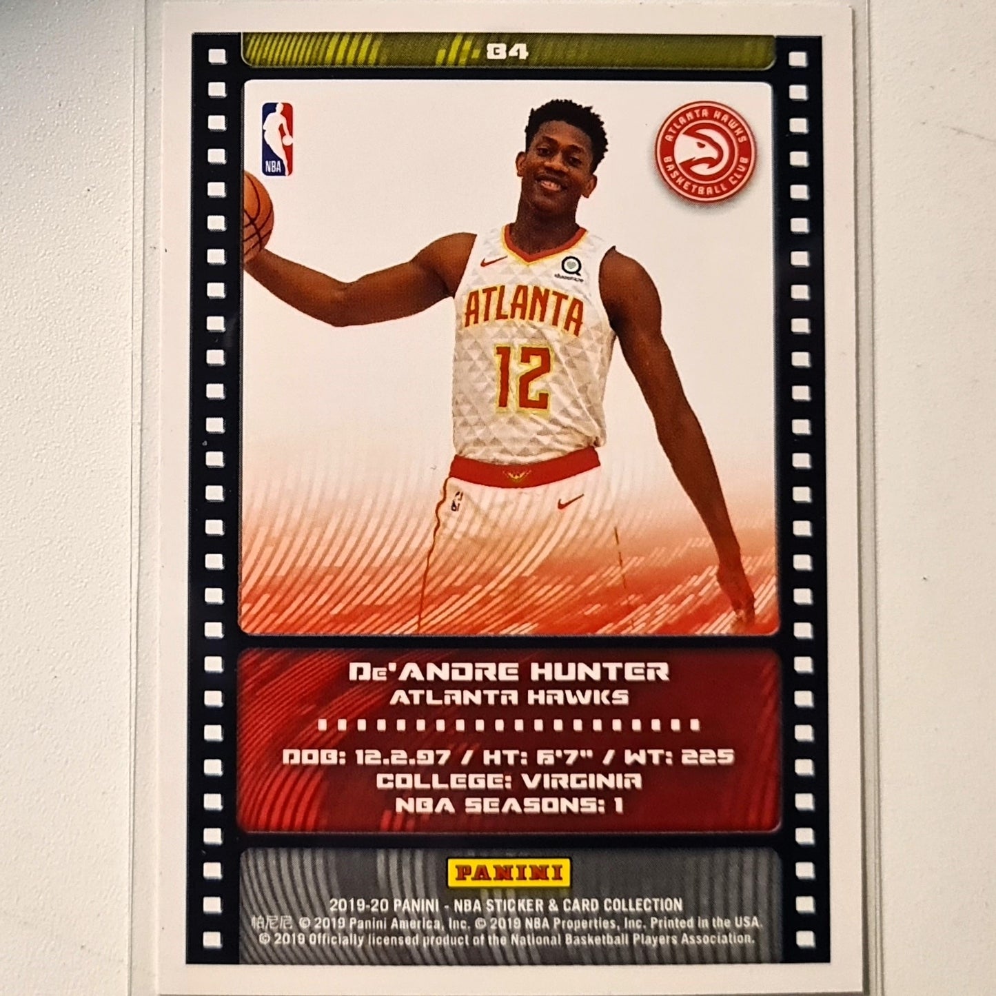 De'Andre Hunter 2019-20 Panini NBA Sticker card collection Rookie RC #84 NBA Basketball Atlanta Hawks Excellent Sleeved