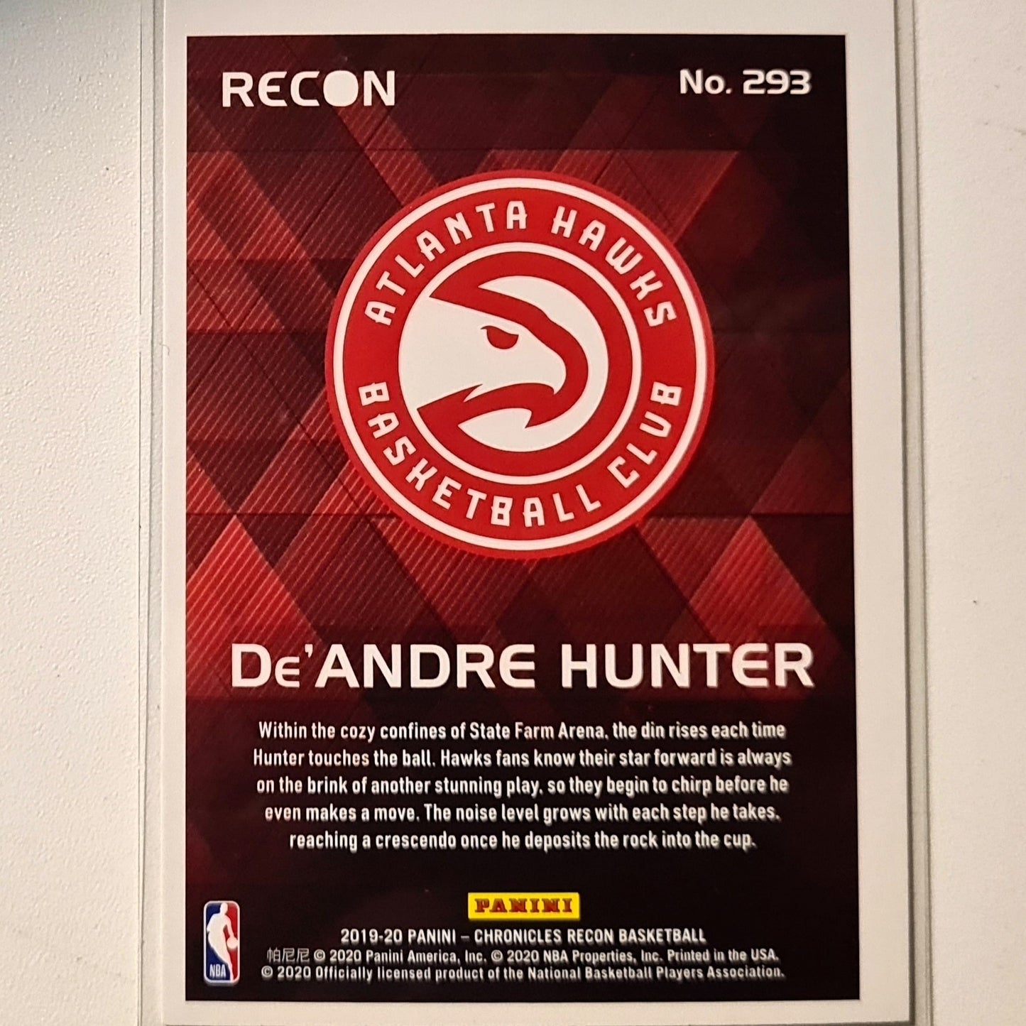 De'Andre Hunter 2019-20 Panini Chronicles Recon  #293 NBA Basketball Atlanta Hawks Excellent Sleeved