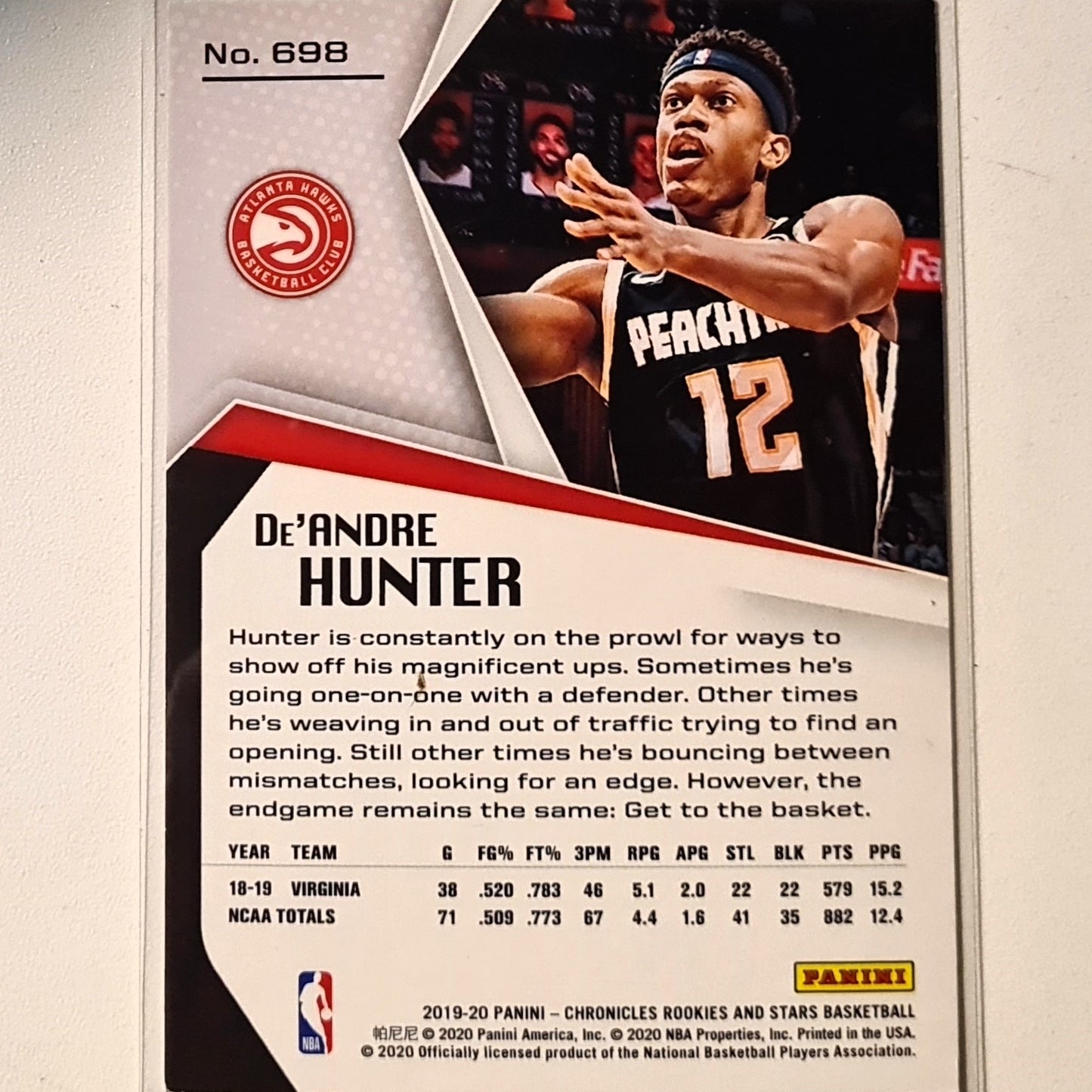 De'Andre Hunter 2019-20 Panini Chronicles Rookies & Stars Rookie RC  #698 NBA Basketball Atlanta Hawks Mint Sleeved