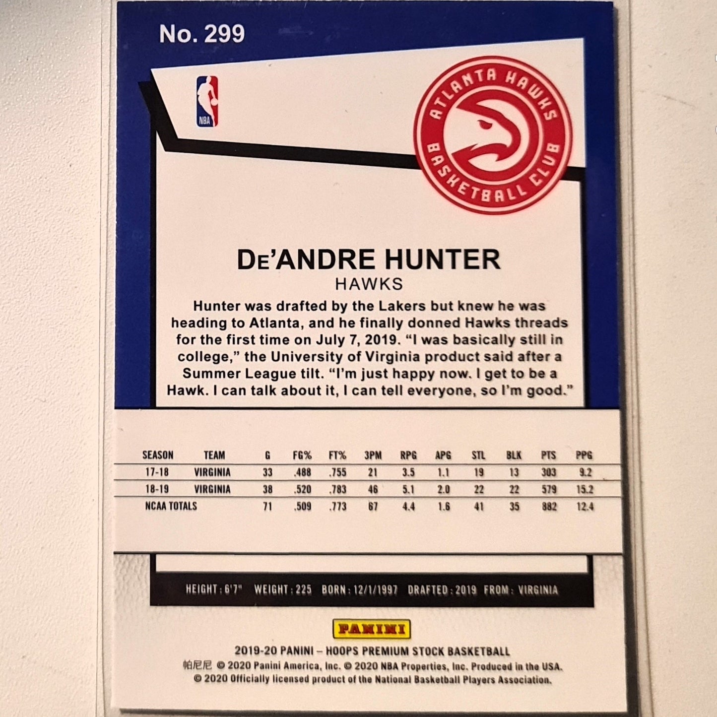 De'Andre Hunter 2019-20 Panini NBA Hoops Premium stock Rookie RC  #299 NBA Basketball Atlanta Hawks Mint Sleeved