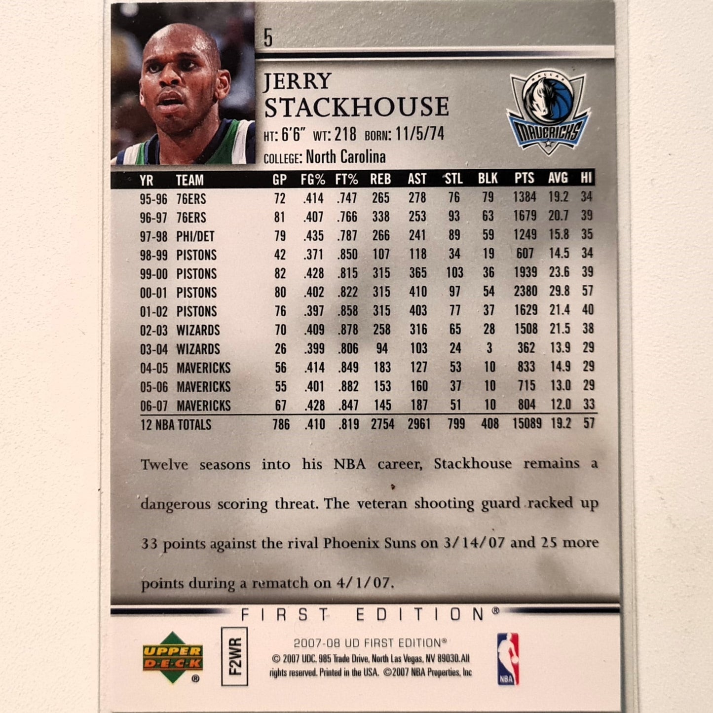 Jerry Stackhouse 2007-08 Upper-Deck First Edition #5 NBA Basketball Dallas Mavericks  Excellent Sleeved