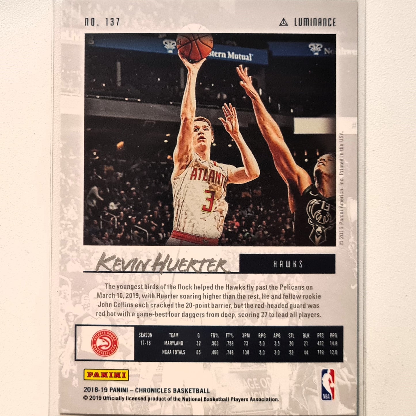Kevin Huerter 2018-19 Panini Chronicles Luminance Rookie RC #137 NBA Basketball Atlanta Hawks Good Sleeved