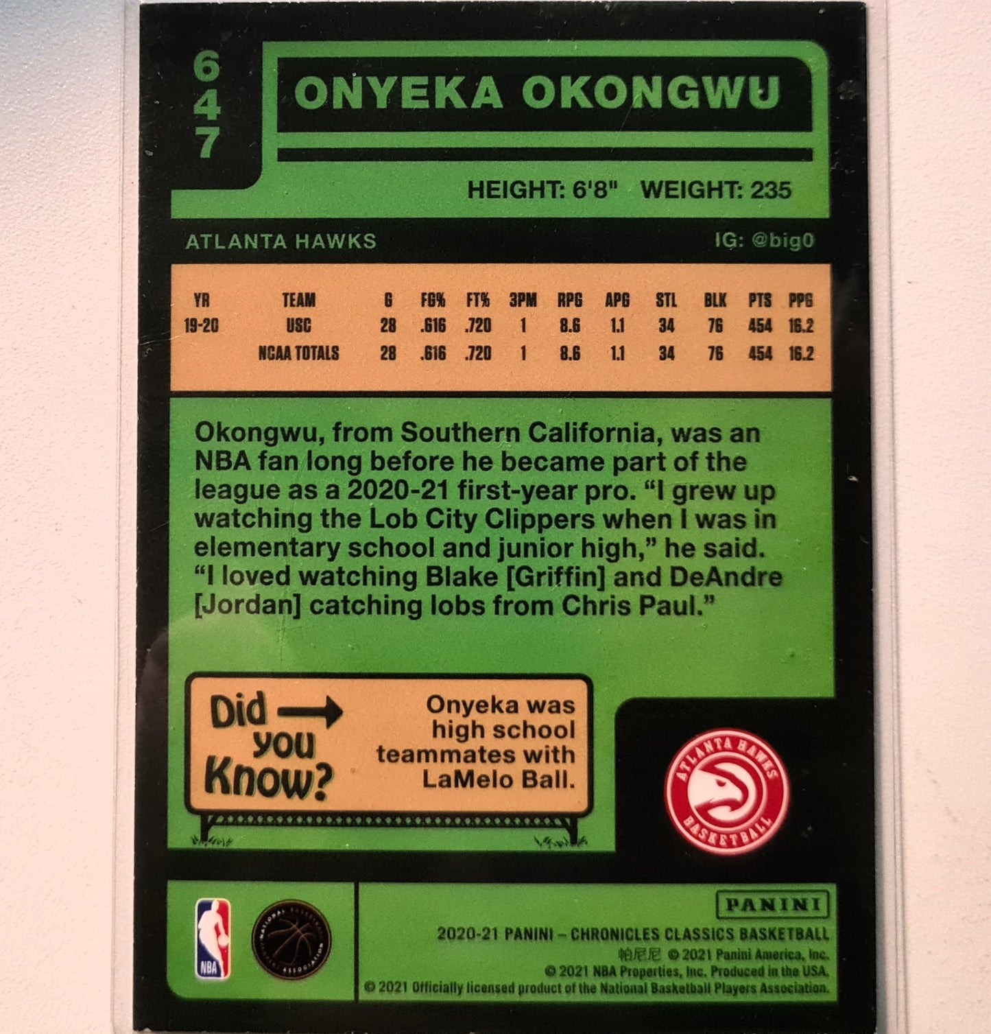 Onyeka Okongwu 2020-21 Panini Chronicles Classics Rookie RC #647 NBA Basketball Atlanta Hawks Excellent/Mint Sleeved