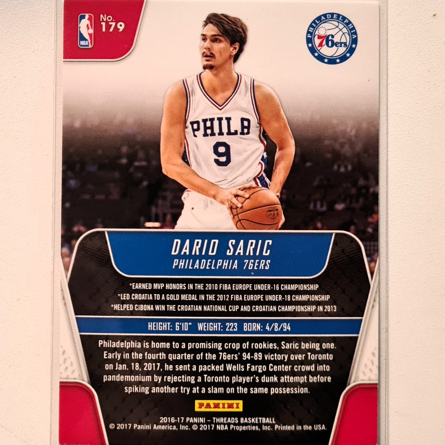 Dario Saric 2016-17 Panini Threads #179 NBA Basketball Philadelphia 76ers very good/excellent sleeved