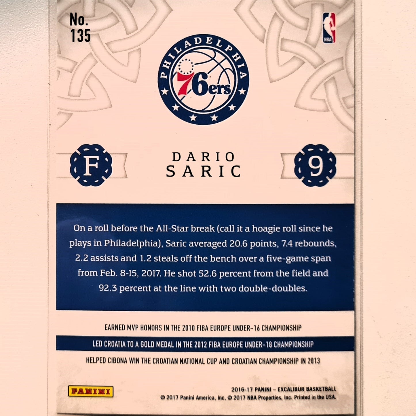 Dario Saric 2016-11 Panini Excalibur #135 NBA Basketball Philadelphia 76ers very good sleeved