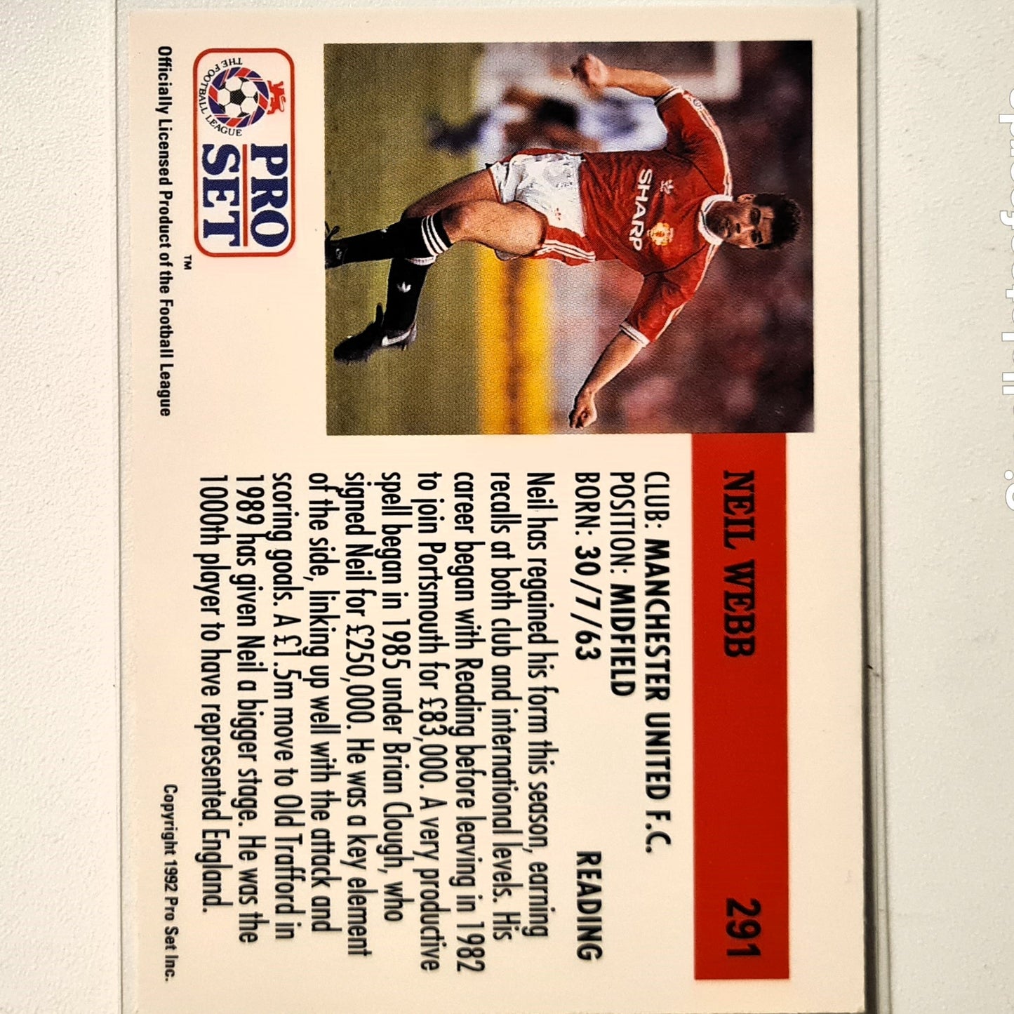 Neil Webb 1991-92 Pro Set Football League Soccer #291 Football Manchester United good Sleeved