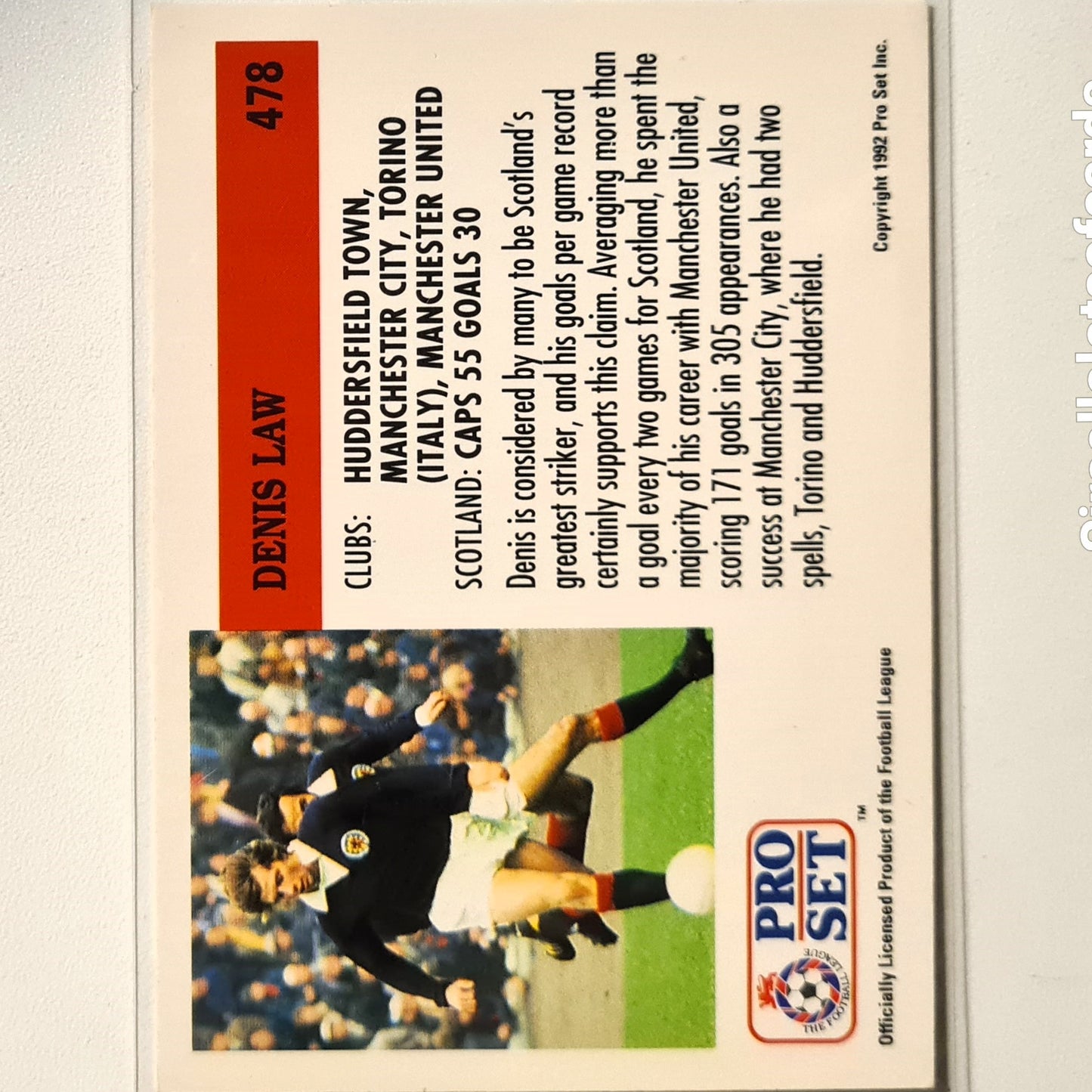 Dennis Law 1991-92 Pro Set Football League Soccer #478 Football Manchester United very good Sleeved