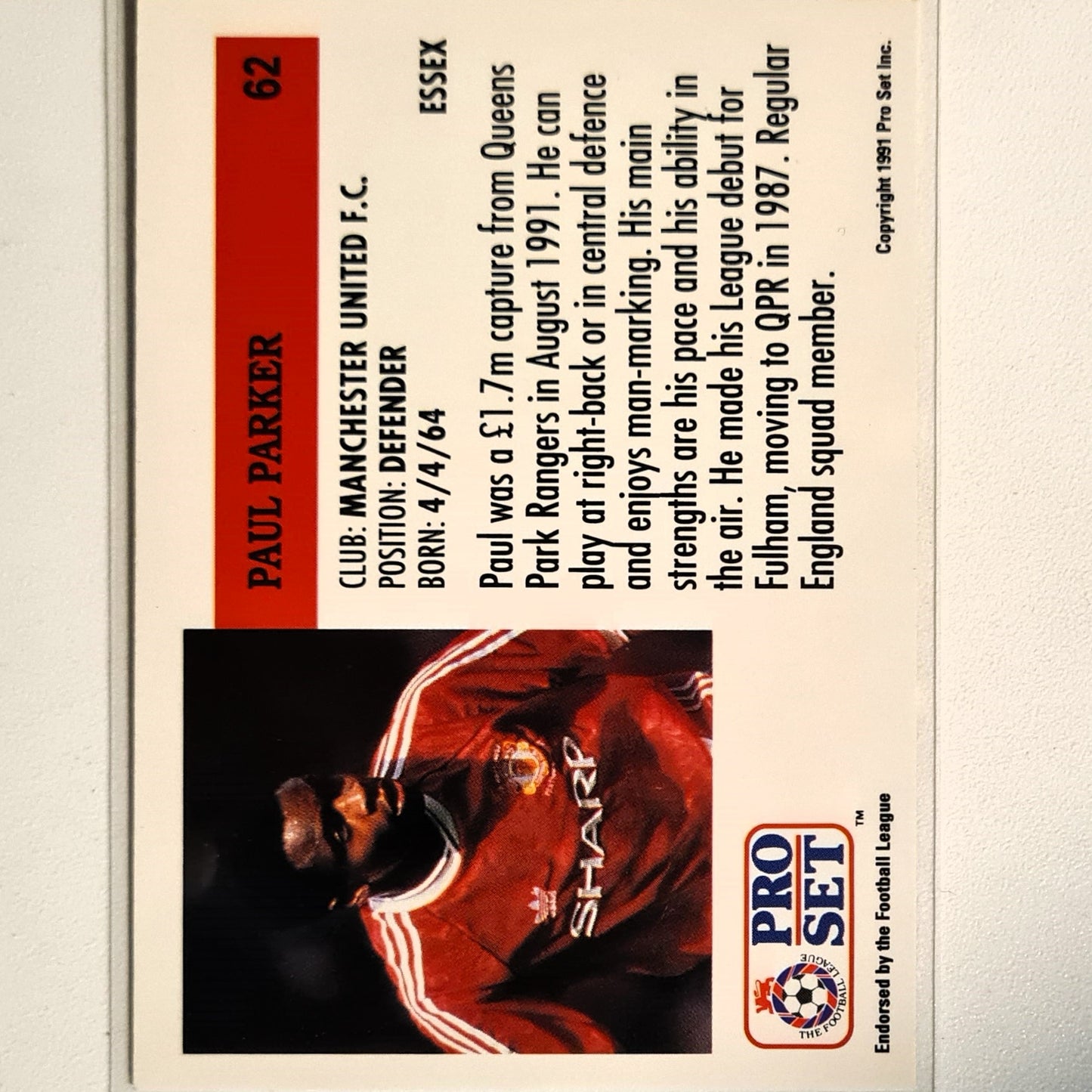 Paul Parker 1991-92 Pro Set Football League Soccer #62 Football Manchester United good/very good Sleeved